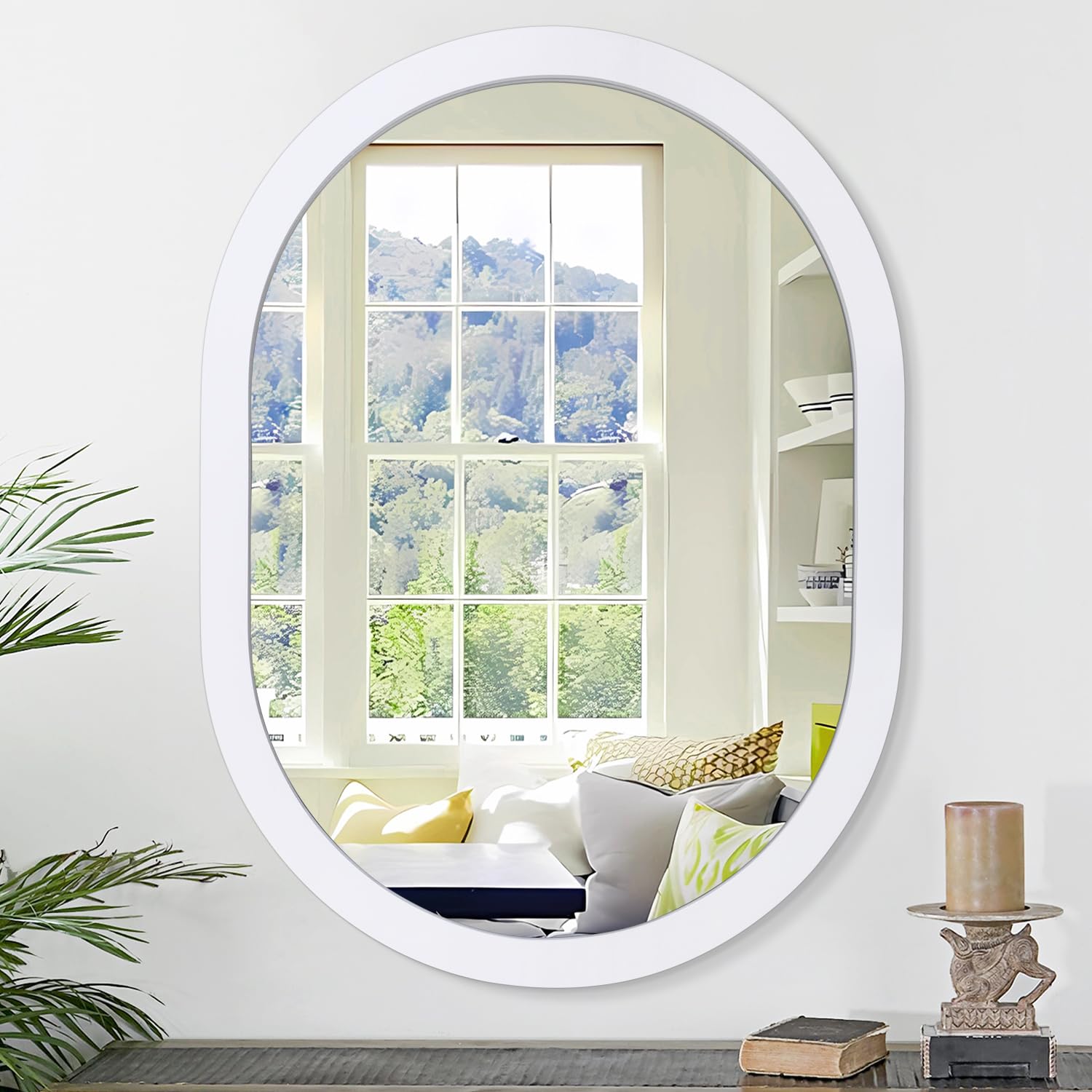 JJUUYOU Espejo de pared ovalado circular para baño, espejo de tocador blanco, marco de madera, espejo de maquillaje para entrada, sala de estar, dormitorio, decoración