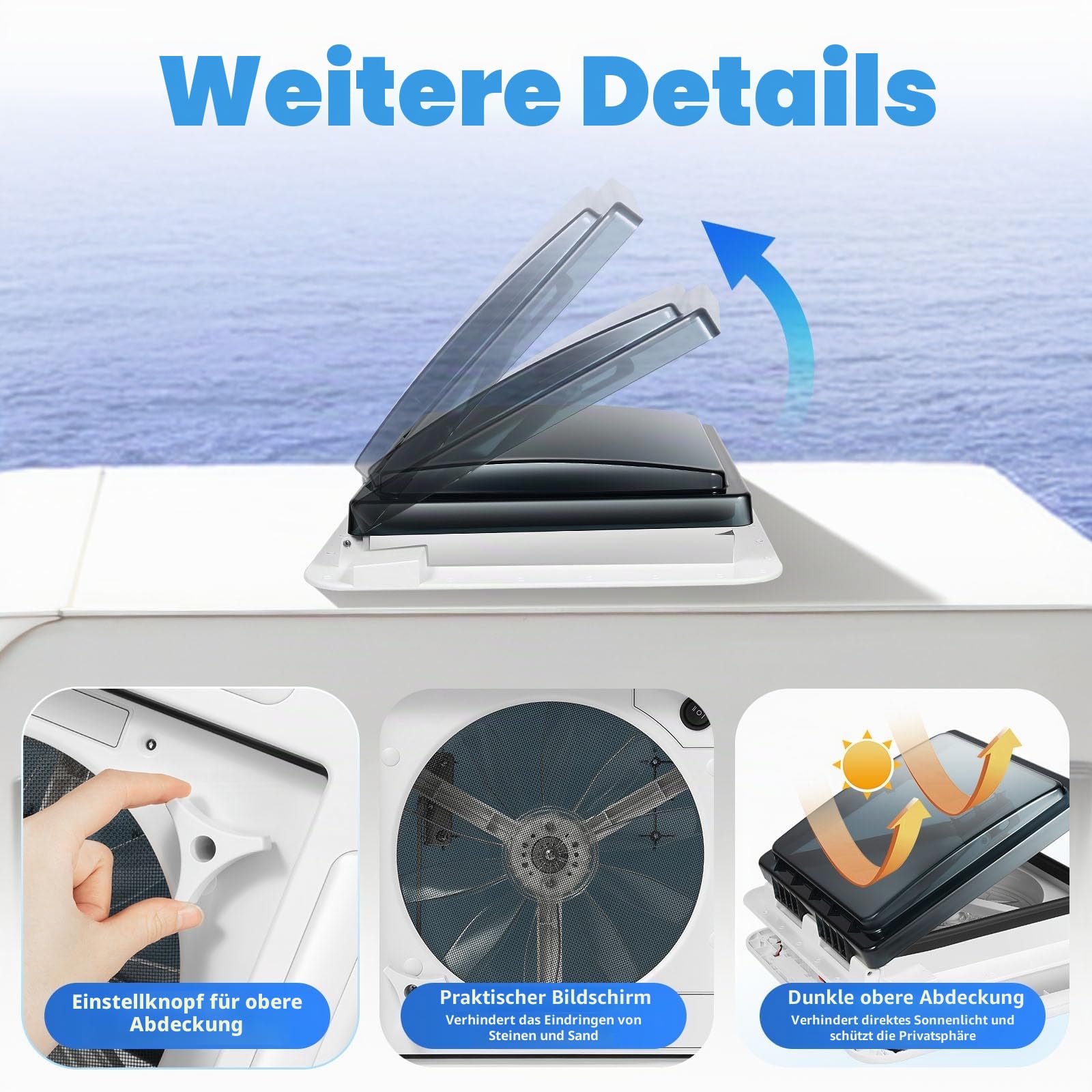 Wohnmobil Dachlüfter 12V 5W, Lüftungsventilator für Wohnwagen, Dachlüfter Wohnmobil mit LED-Licht und Insektenschutzgitter, dachluke wohnwagen für Wohnmobil Dachventilator