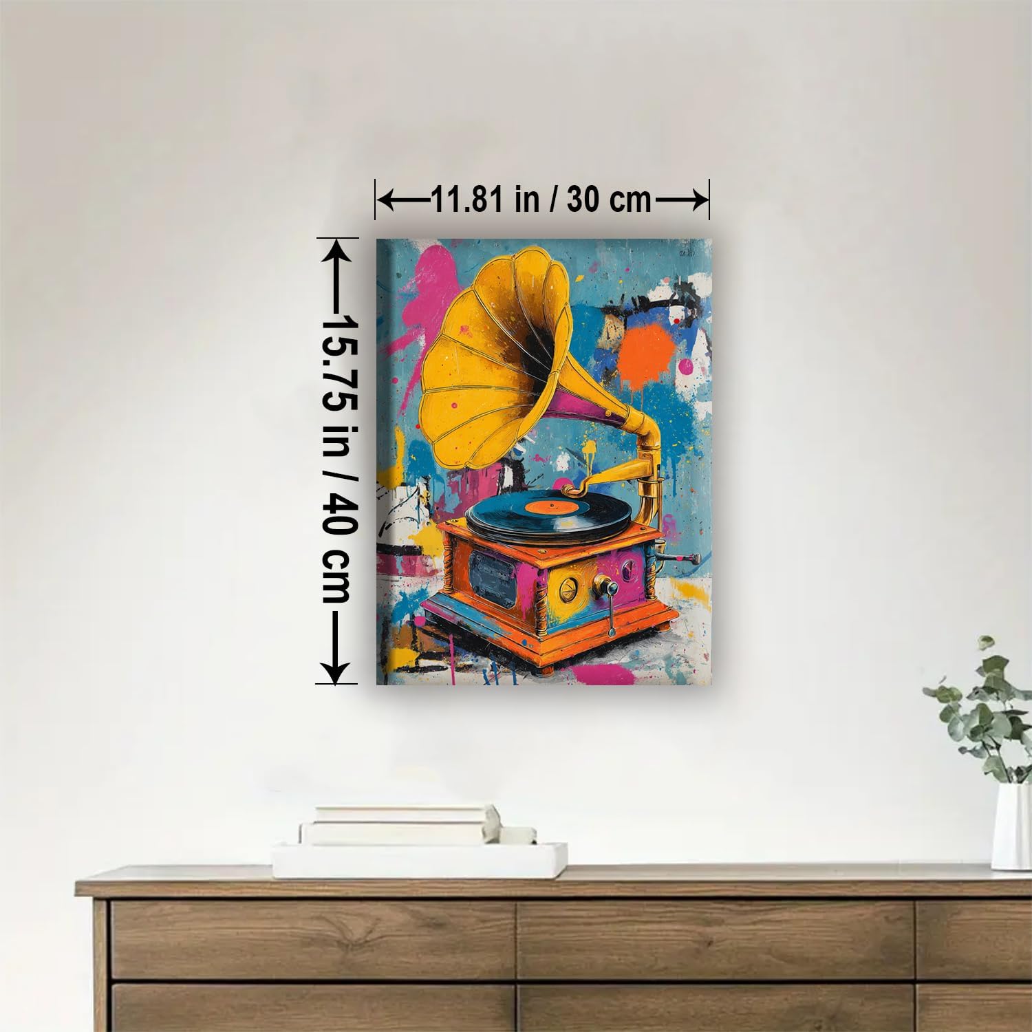 Aeontinity Vintage Music Vinyl Record Player Street Graffiti Music Framed Canvas DIY Paint by Numbers Kit Bar Cafe Cave Home Room Wall Bathroom Porch Patio Decor Gift, 16 x 12 Inch