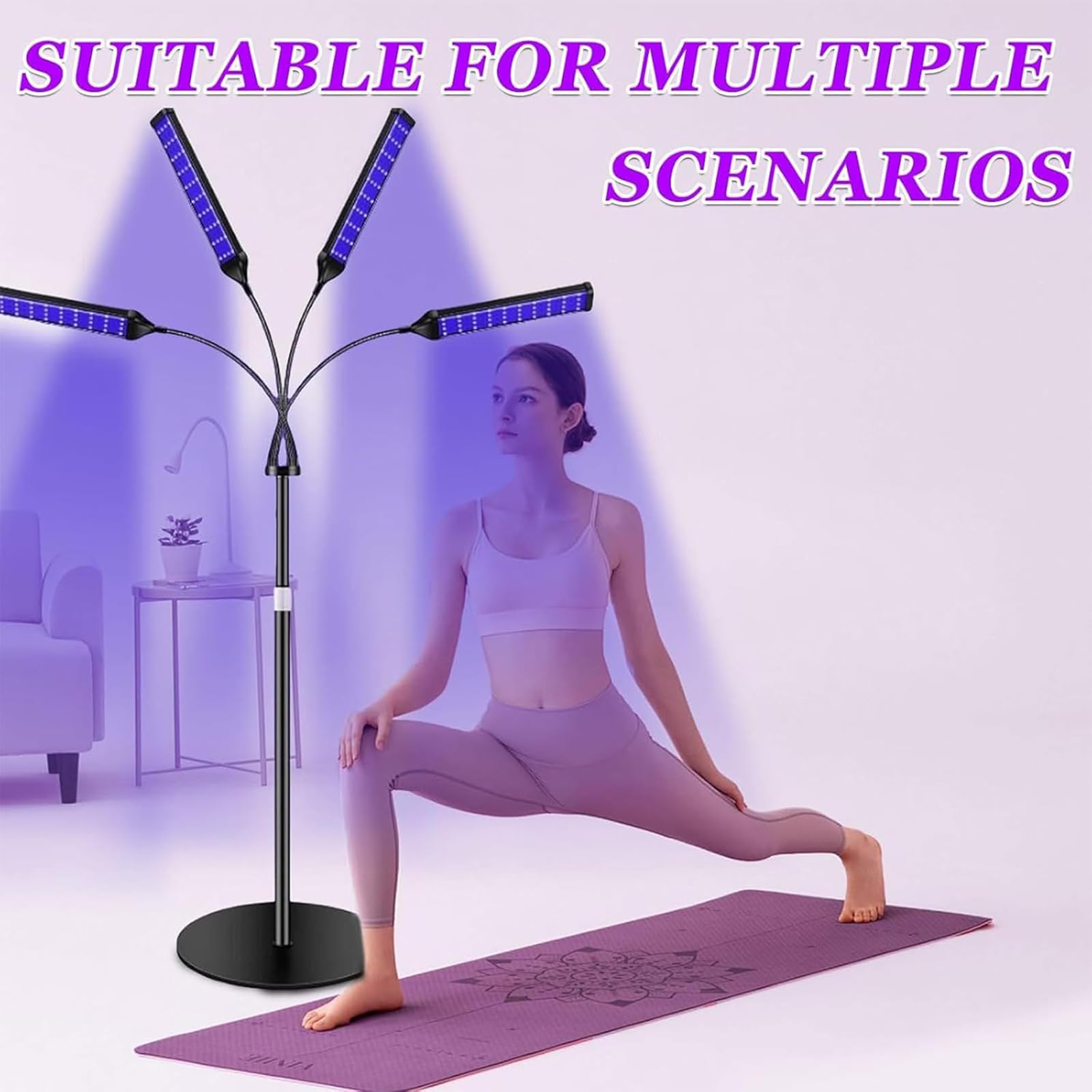 NGARY 4-głowicowa lampa samoopalająca, 40 W, pełne niebieskie światło z 420 diodami LED, timer 5-30 minut, obracana o 360°, przenośna podstawka, 5 poziomów jasności i 3 tryby pracy na twarz i ciało