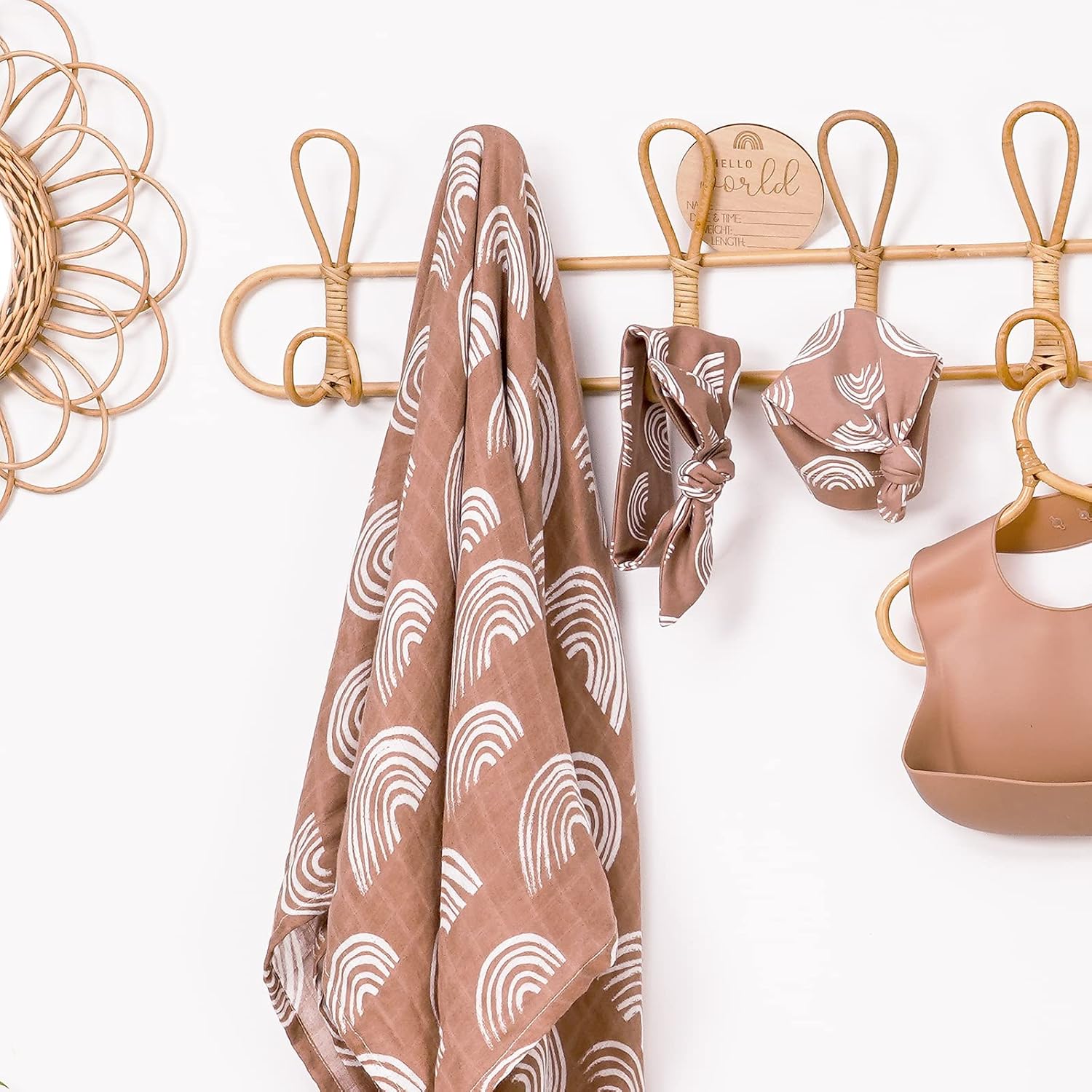 BabyWhale Muslin Swaddle Blanket with Hat and Headband Bow, Boho Rainbow Pattern Swaddle Set for Baby Boys & Girls, Unisex Silky Soft Breathable Receiving Wrap, 47x47 inches, Brown - Image 8