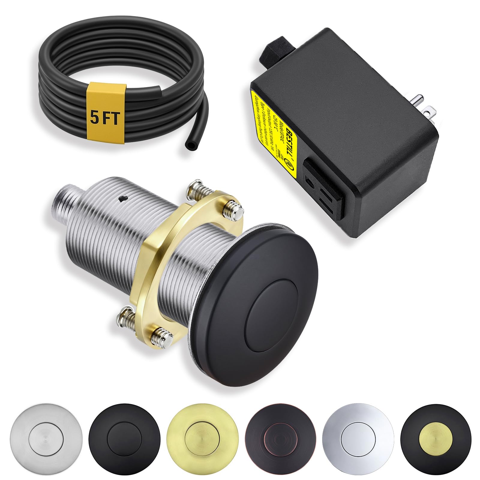 BESTILL All Metal Garbage Disposal Air Switch Kit, UL Listed Matte Black Long Push Button for Waste Disposer, Cordless Sink Top Switch On/Off Button, Compatible with all Garbage Disposals