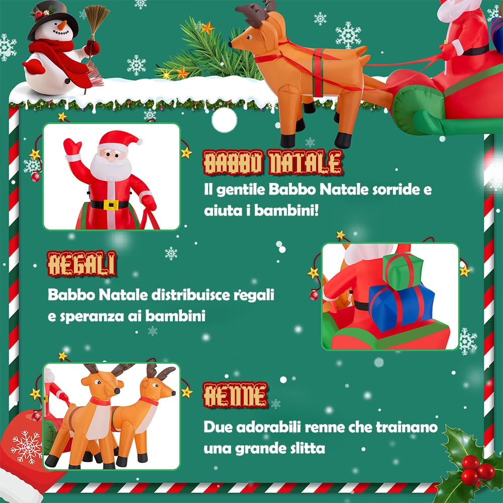 BAKAJI Babbo Natale Gonfiabile su Slitta con 2 Renne, Decorazione Natalizia Autogonfiabile, Lunghezza 240 cm con Kit di Fissaggio per Esterno, Illuminazione LED con Protezione IP44, Addobbo Natalizio