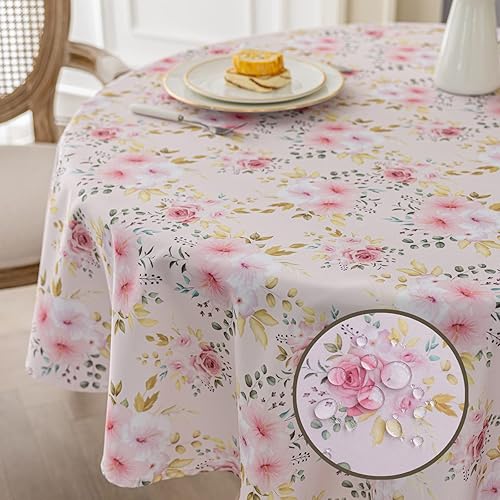 Miniatura 4 de Joyfol Day Mantel de flores, mantel floral rosa para mesas redondas, resistente al agua, para San Valentín, fiestas, bodas, primaveraverano (redondo
