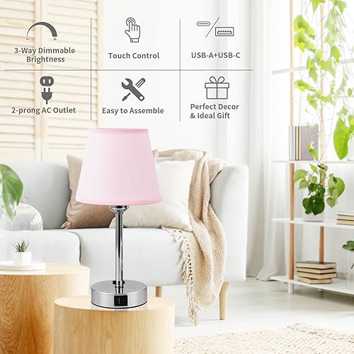 Miniatura 2 de focondot Juego de 2 lámparas de mesa con control regulable táctil, juego de 2 bombillas incluidas, pequeñas lámparas de noche con puertos USB A+C y