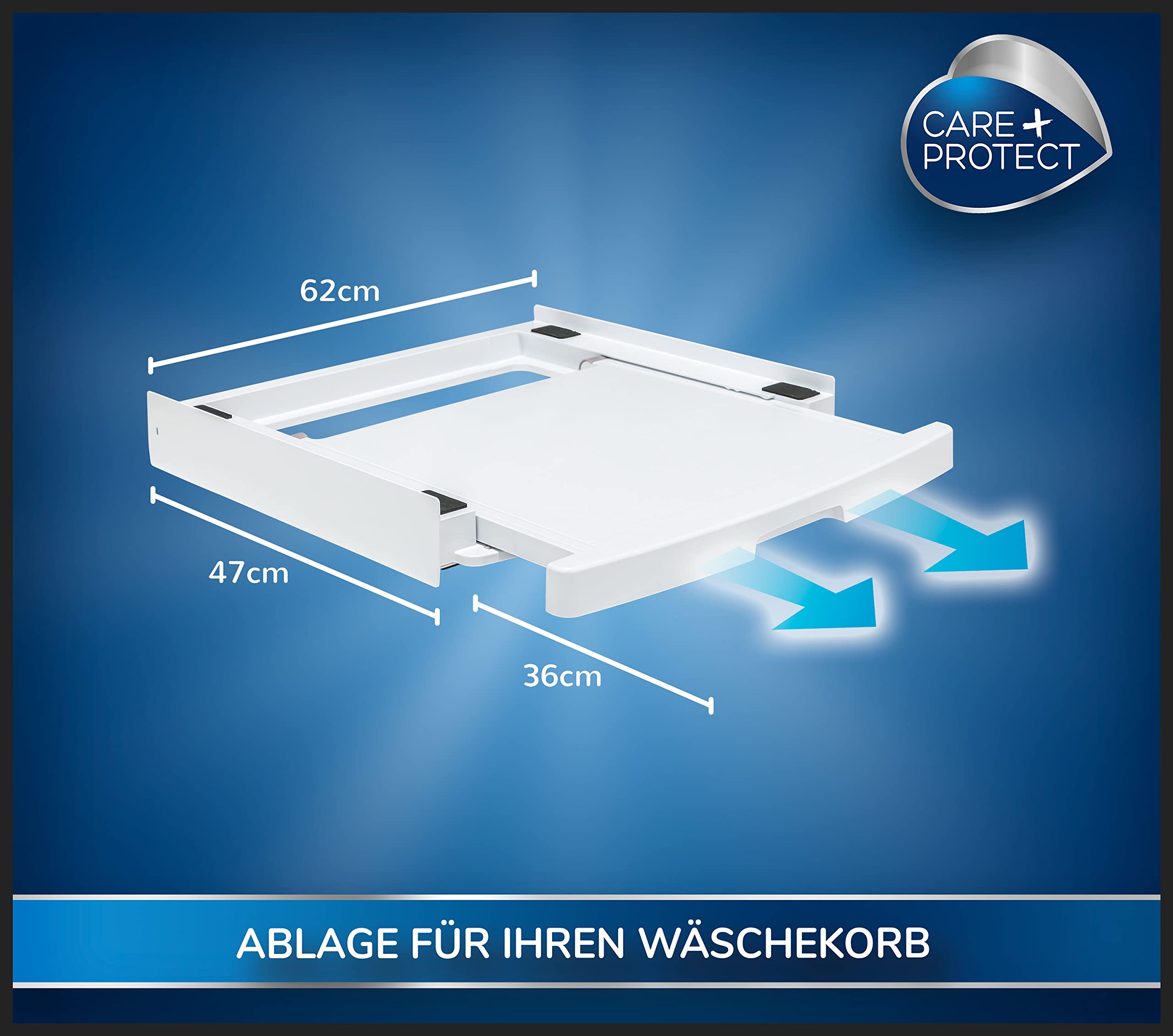 CARE + PROTECTUniversal-Zwischenbaurahmen, Platzsparender Zwischenbausatz, Universell für Waschmaschinen mit Tiefe 47-62 cm | Platzsparend mit Ausziehbarer Ablage, Für Waschmaschinen/Trockner 47–62 cm, Einfache Montage, Multimarkenfähig