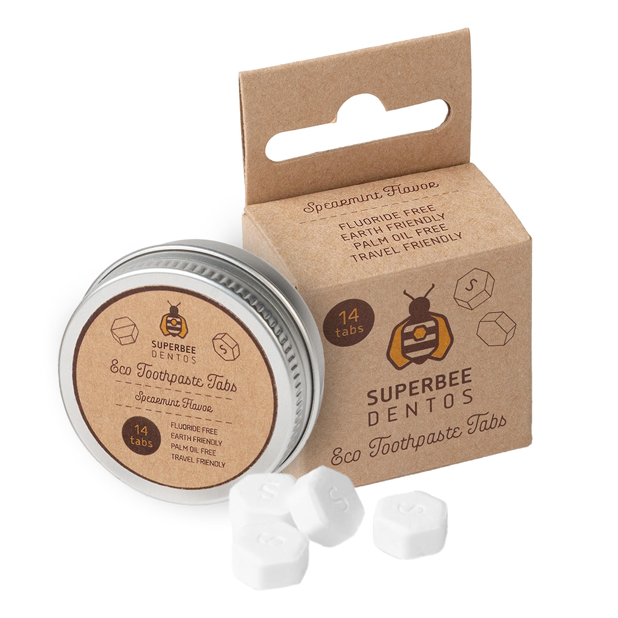 SuperBee Dentos Toothpaste Tablets, 14 Tabs, Fluoride Free & Eco Friendly, Travel Mouthwash Tablets, Sensitive Bites Kids Adults, Chewable Tablet, Spearmint