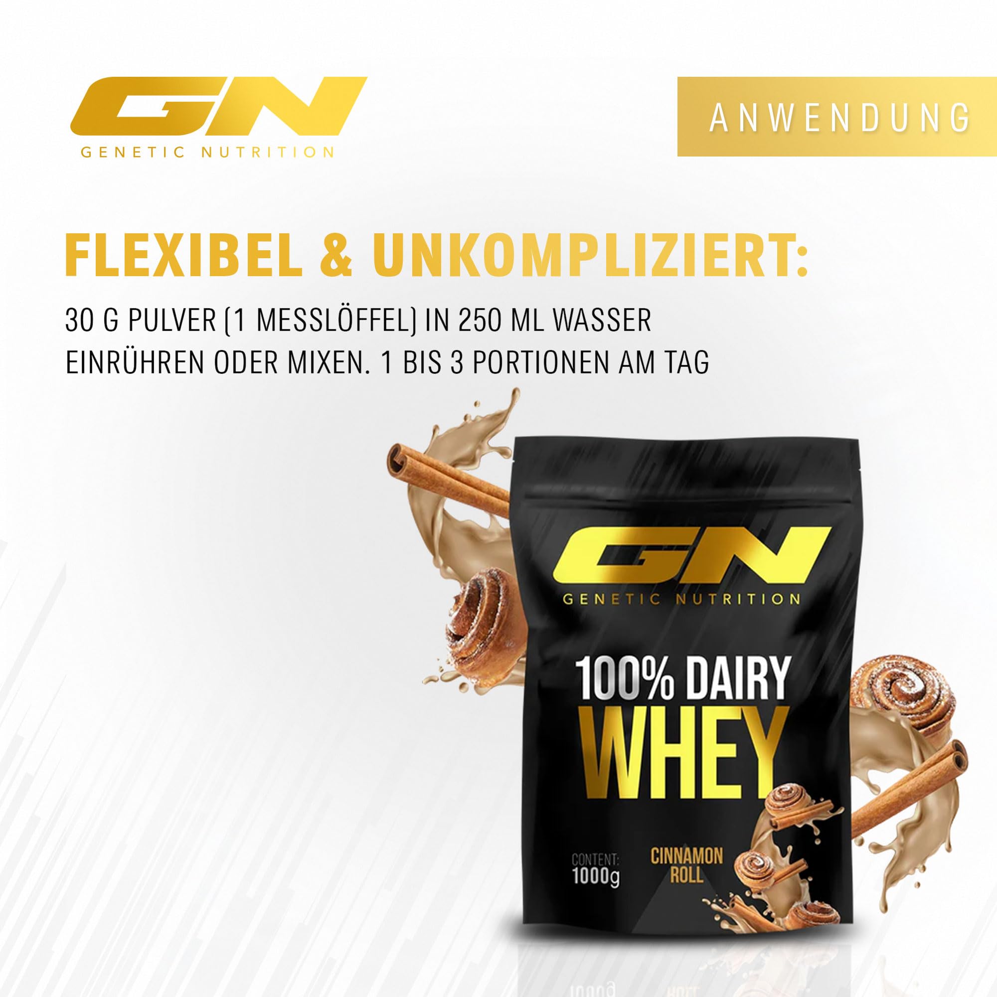 GN Laboratories 100% Dairy Whey Protein w proszku 1 kg (Cinnamon Roll) – białko w proszku z 23 g białka na porcję, idealny do budowy i utrzymania mięśni, sprawdzona jakość – Made in Germany