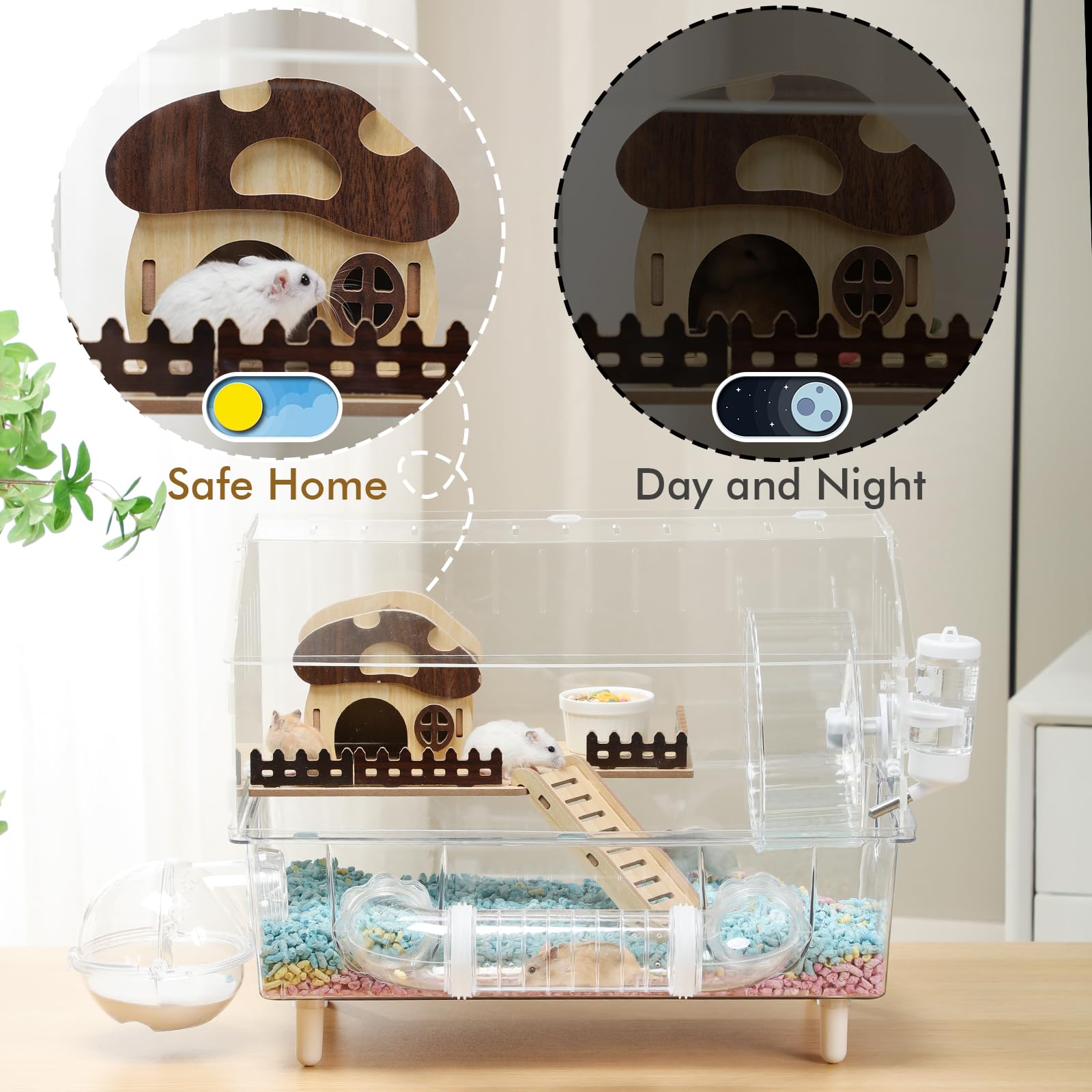 Jaula acrílica transparente para hámster con rueda de ejercicio, casa de madera y accesorios