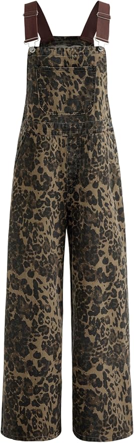 CIDER Denim Overalls Women's Leopard Pocket Wide Leg Jumpsuit