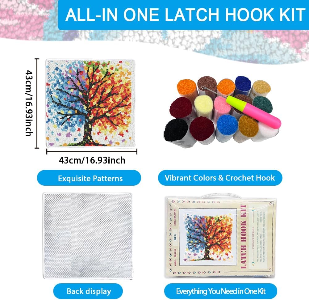 FREEBLOSS Latch Hook Kits for Adults Beginners Colorful Tree Pre Printed DIY Crochet and Latch Kits Pillow Cover for Home Sofa Decoration, Includes Instructions 17 * 17 inches