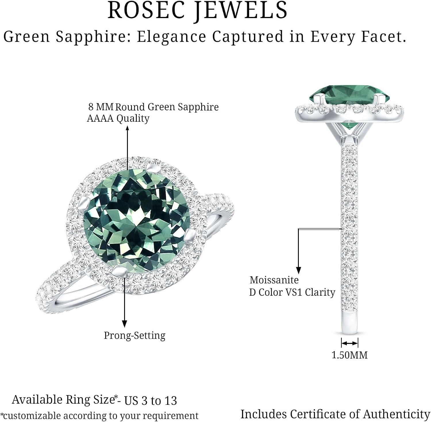 Certified 3.4 Carat Lab Grown Green Sapphire Halo Engagement Ring, Aaaa Quality, Womens Sapphire Ring - Ready To Gift