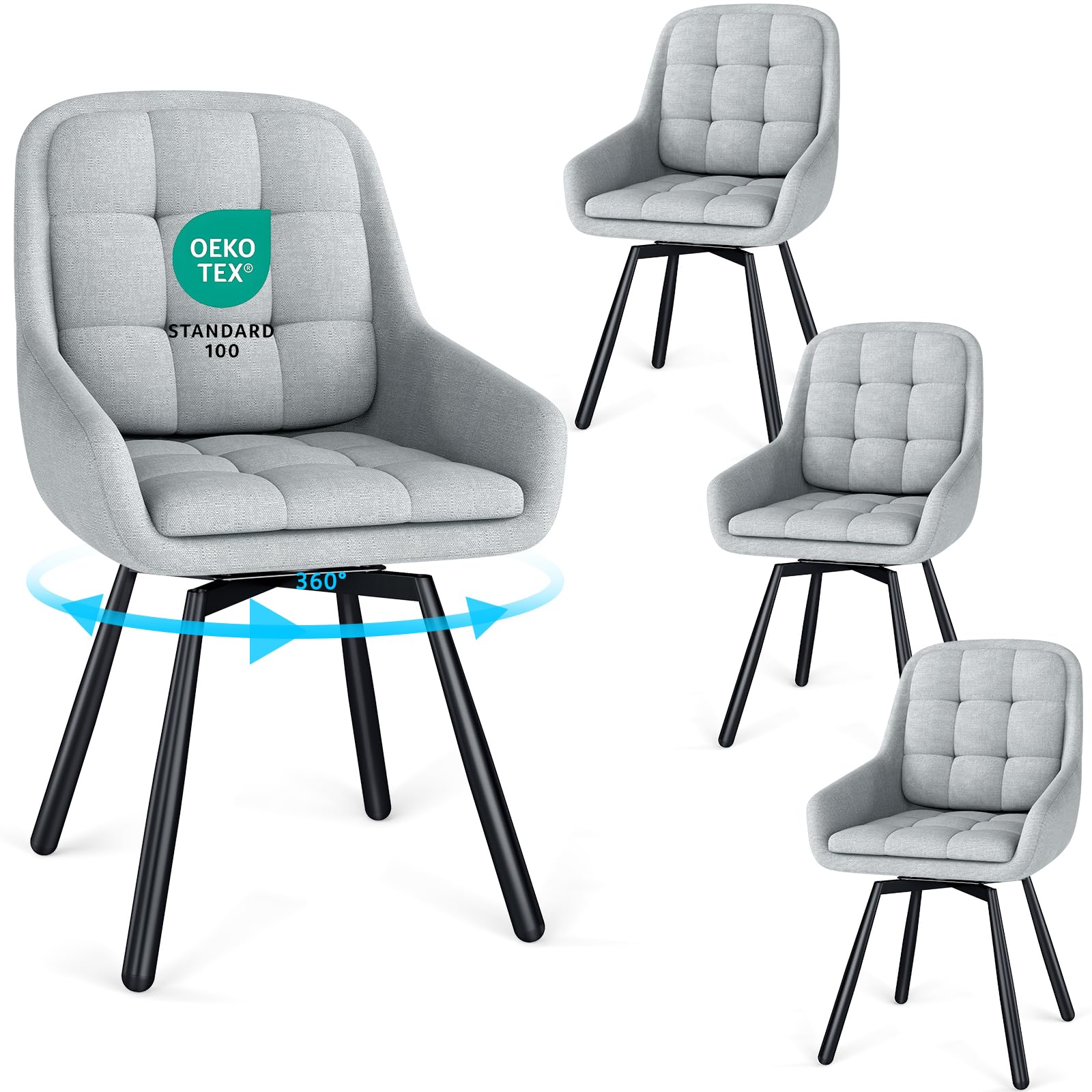 JIJIAN Juego de 4 Sillas de Comedor Giratorias 360° con Reposabrazos, Silla Acolchada con Patas Metálicas, para Salón, Cocina, Dormitorio y Estudio, Gris Claro
