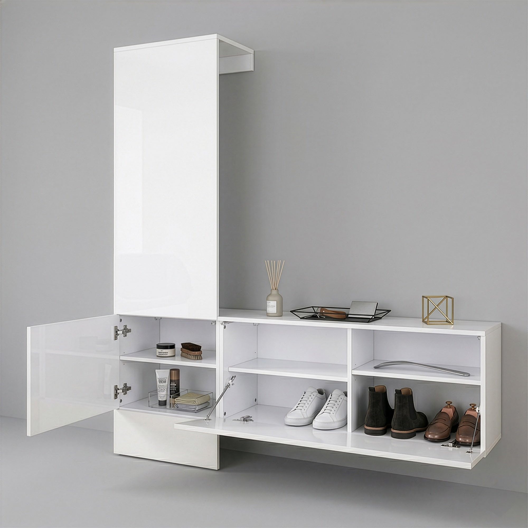 Garderoben-Set Nivo, Minimalistische Flurgarderobe mit Push-to-Open, Made in Germany Eingangsmöbel, Weiß matt (52 x 193 x 35 cm)