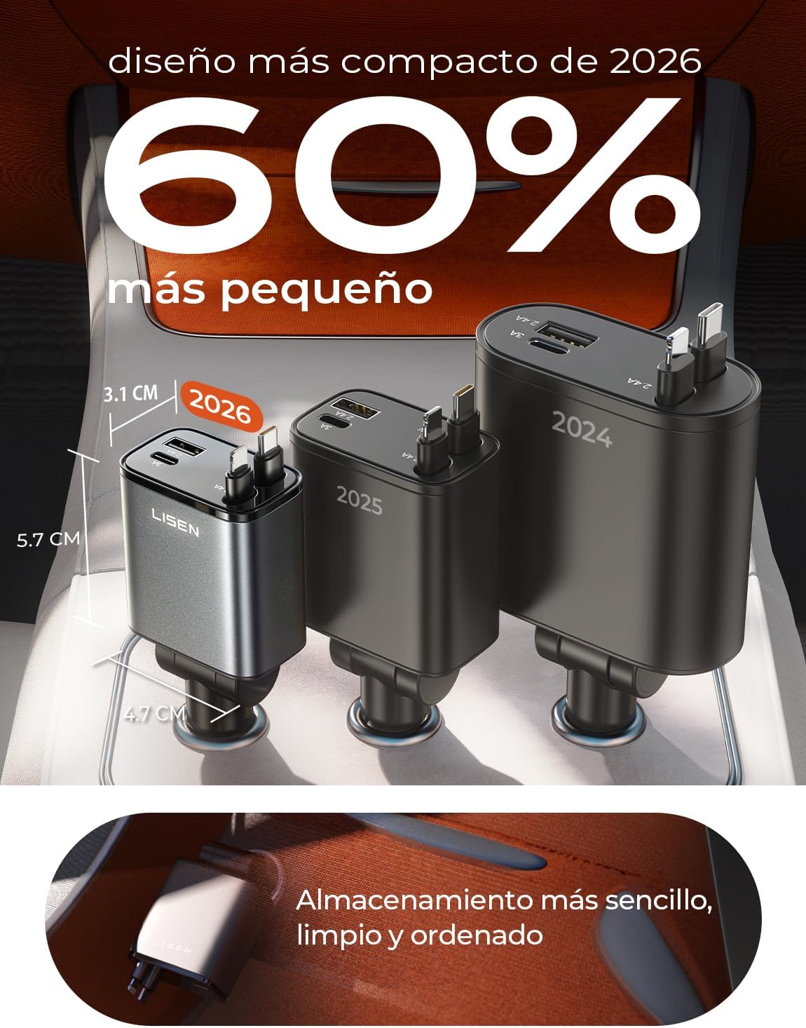 LISEN Retráctil Cargador Coche Carga Rápida 84W Accesorios Coche Camper Electrónicos Flash del Dia, PD45W USB-C Cargador Mechero Gadgets 12/24V para iPhone 17 13 Xiaomi iPad Tablet Kindle Auriculares 4