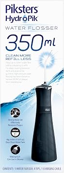 Piksters HydroPik Water Flosser 350ml Portable Cordless Oral Irrigator with USB-C Charging, 3 Pressure Modes & 4 Tips, Compact & Lightweight for On-The-Go Dental Care (Black - 350ml)