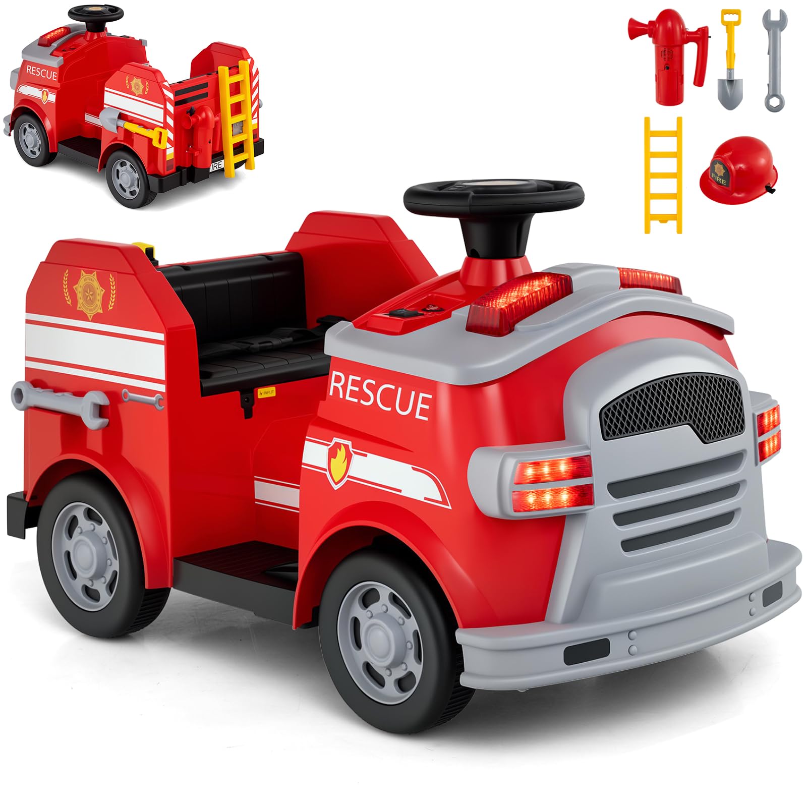 GYMAX Kids Ride on Fire Engine, 12V Children Electric Car with Music, Horn, Lights and Firefighting Toys, Battery Powered Toy Car for 3 Years Old+ (Red)