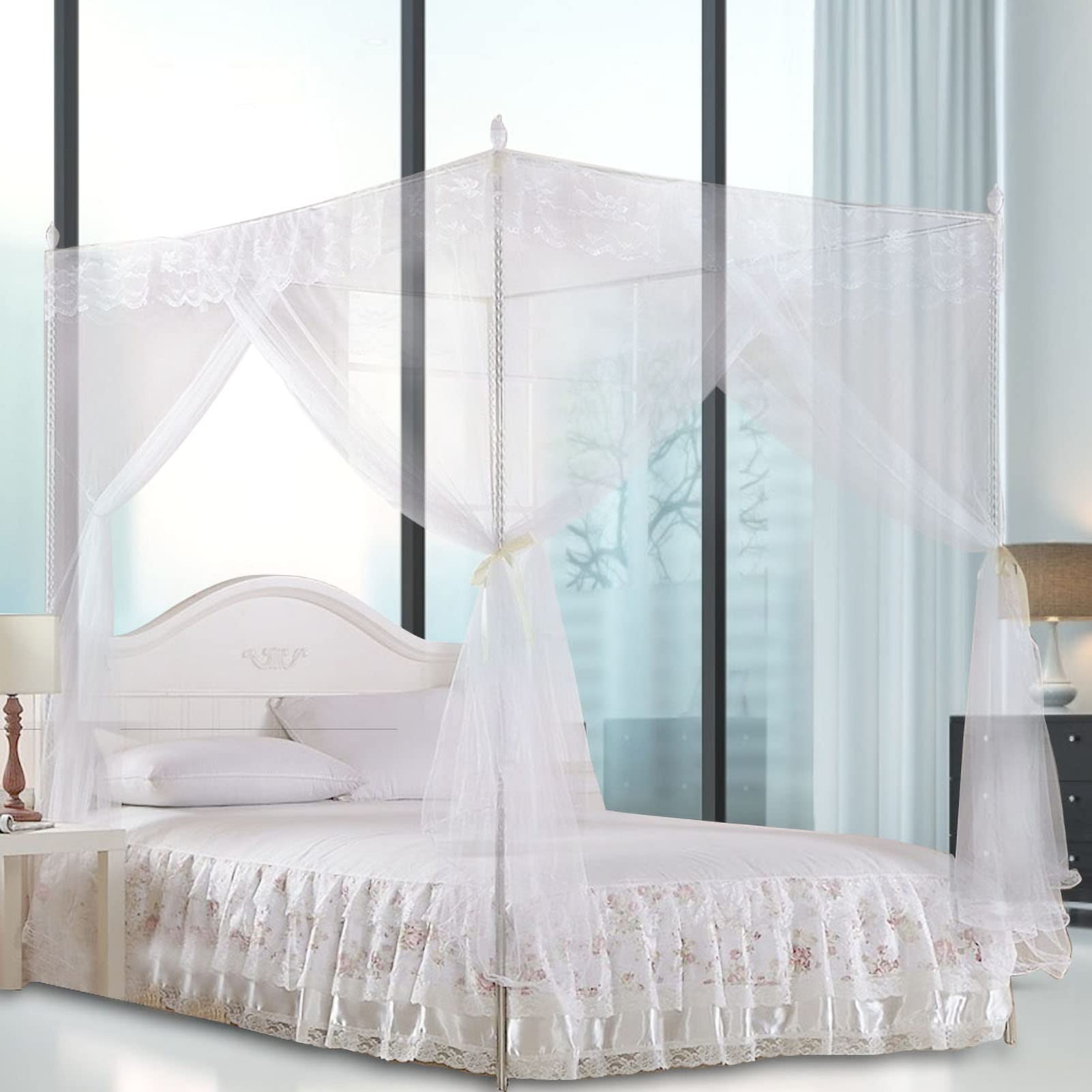 Uadme Mosquito Net Canopy for Girls Luxury Princess Bed Curtain Netting, Three Side Openings, Bedding, White - Image 4