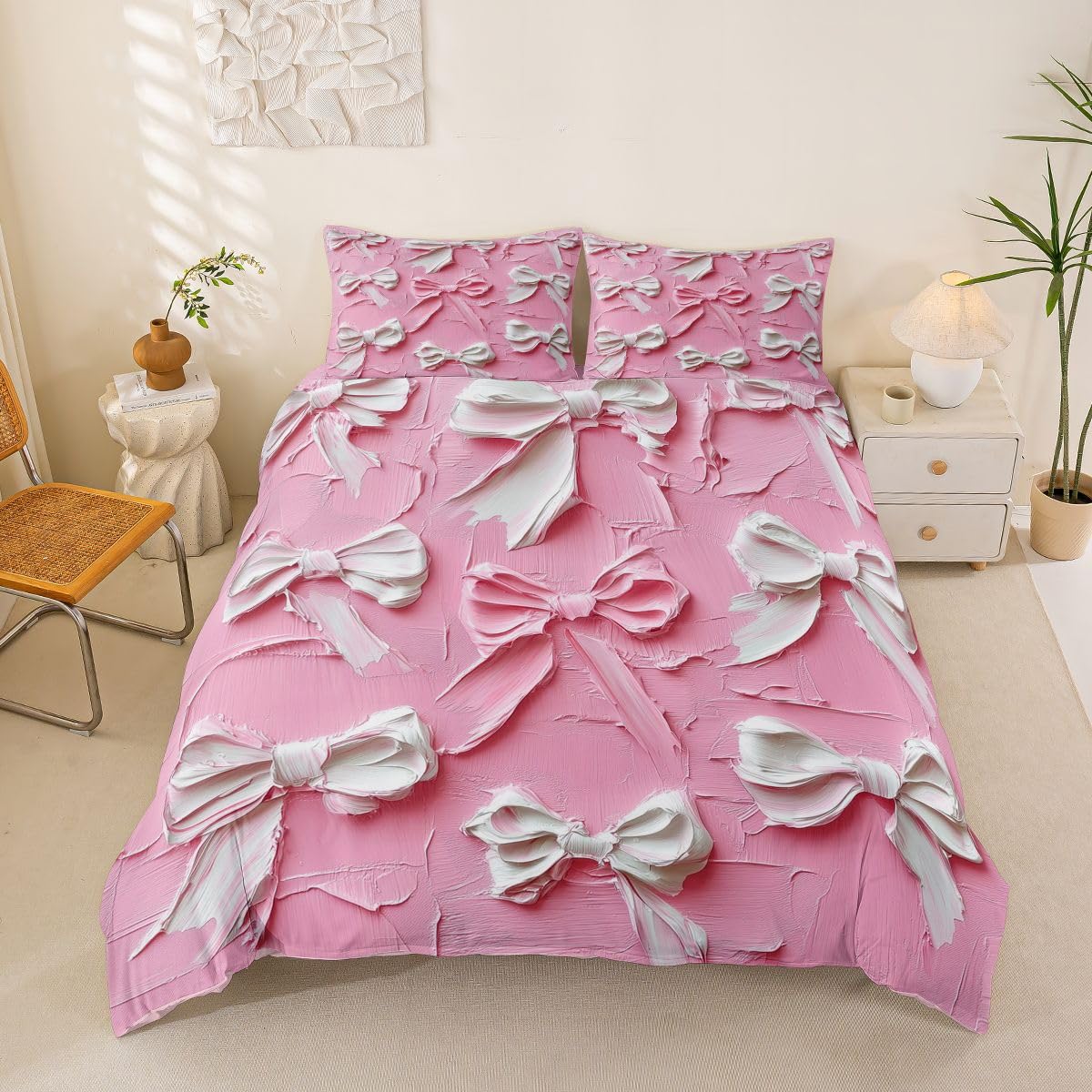 Parure de Lit 3 Pièces Ribbon Rose avec Housse de Couette 200x200cm pour des Nuits Douces
