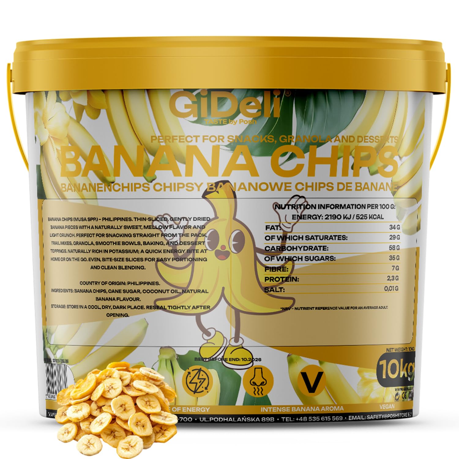GiDeli Bananenchips 10 kg im Eimer | getrocknete Bananen Früchte Ungesüßt, Gesunde trocken Snacks, ideal für Müsli, Joghurt, Smoothies & Backen, ohne Palmöl