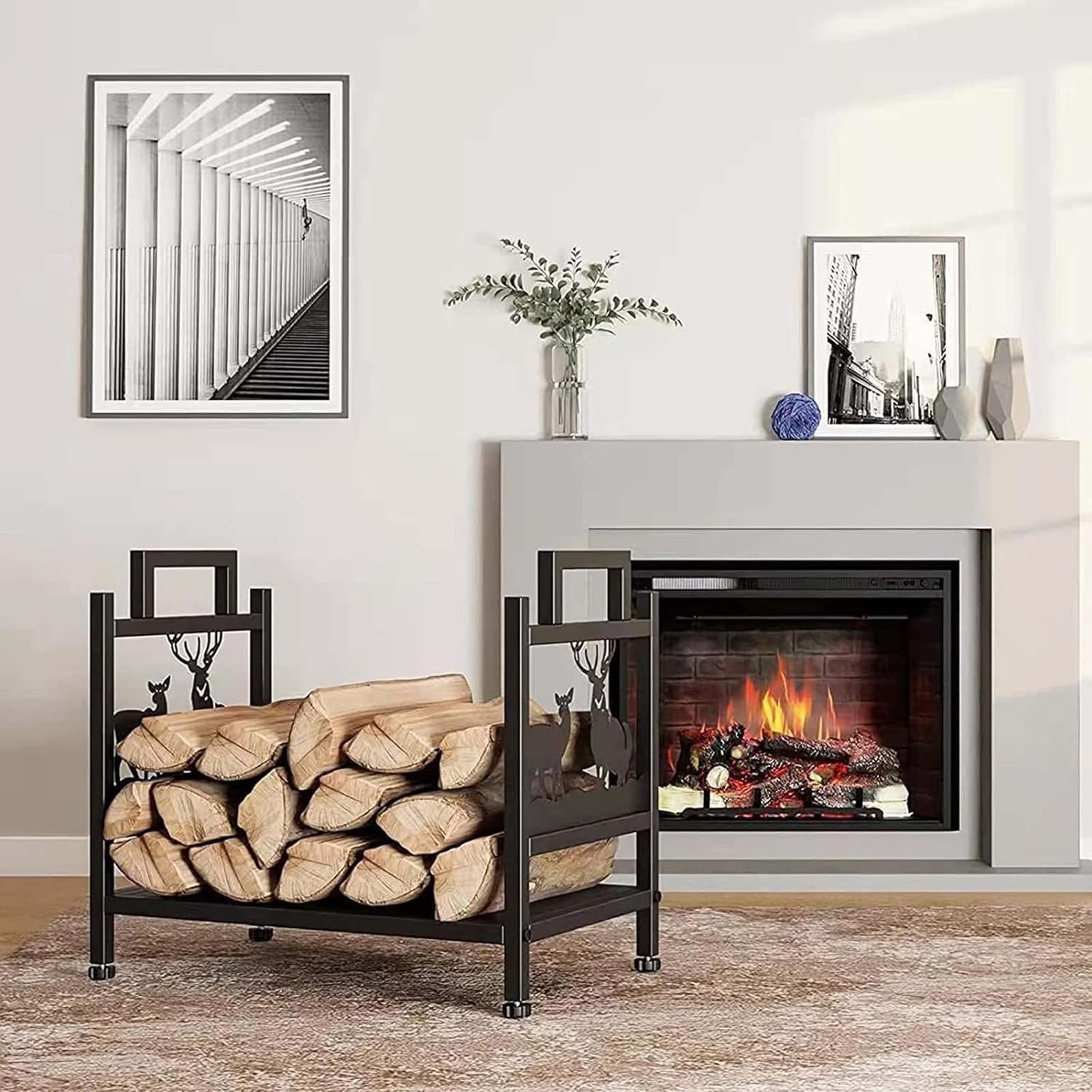 Scaffale per legna da ardere in metallo, per interni ed esterni, mensola decorativa per caminetto, soluzione salvaspazio
