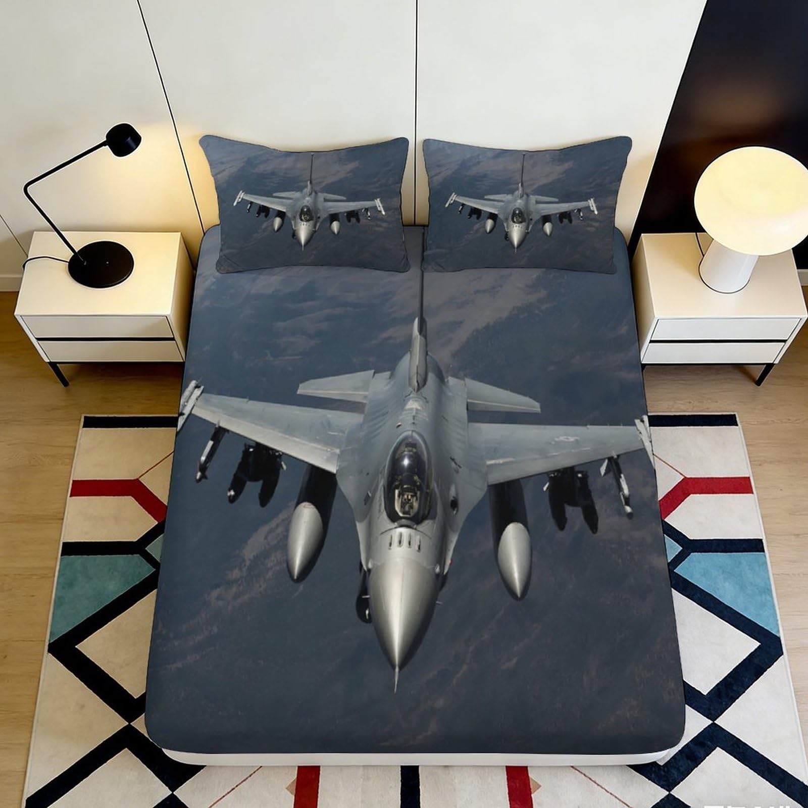 3D Printed Fighter Jet Fitted Sheet Microfiber Soft Breathable Military Aircraft Bed Cover for Bedroom Dorm Decor 90x200x25cm