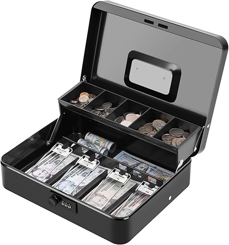 KYODOLED - Caja de dinero grande con bandeja para dinero y cerradura, caja de metal segura, caja de seguridad, caja registradora, 5 compartimentos, KYODOLED - Caja de dinero grande con bandeja para dinero y cerradura, caja de metal segura, caja de seguridad, caja registradora, 5 compartimentos,