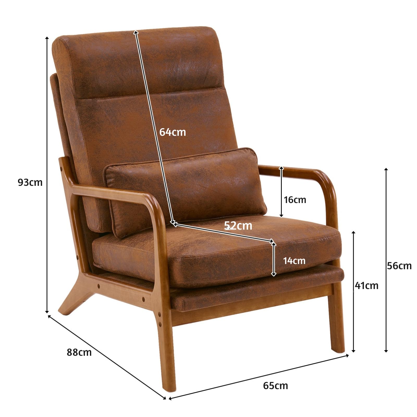 LEADZM Fauteuil de Salon avec Cadre en Bois Massif Fauteuil Lounge, Fauteuil Relax Scandinave, Dossier Haut, pour Salle à Manger, Salon, Chambre, Siege Bureau (Marron)