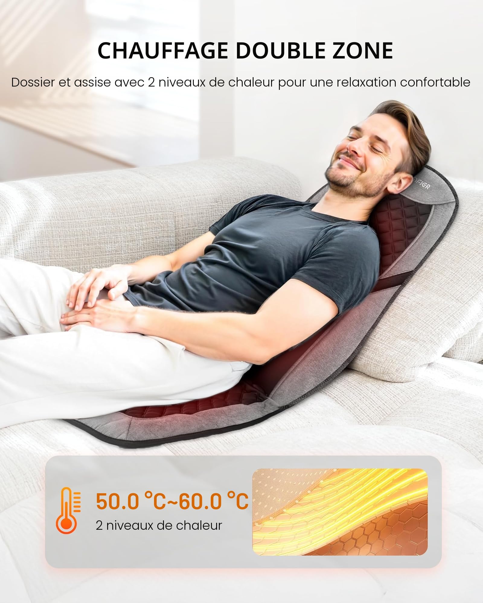 COMFIER Siège Massant avec Fonction Chauffante, Coussin de Massage Dos à 10 Moteurs Vibrants et 5 Modes, Fauteuil Massant avec Support Lombaire Réglable pour Soulager les Douleurs Dorsales