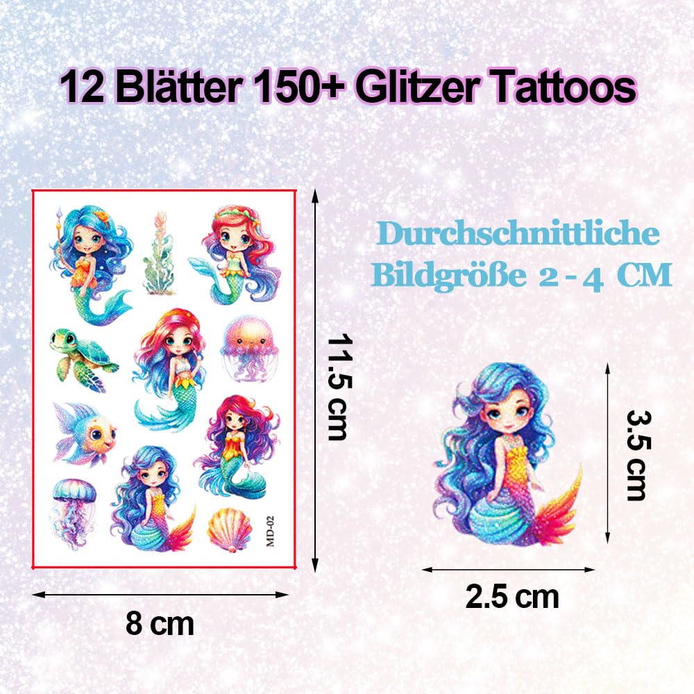 Mermaid Glitter Tattoo for Kid 12 Sheets Mermaids Temporary Tattoos for Kids Party Decorations, Party Bags Fillers Gifts - Image 3