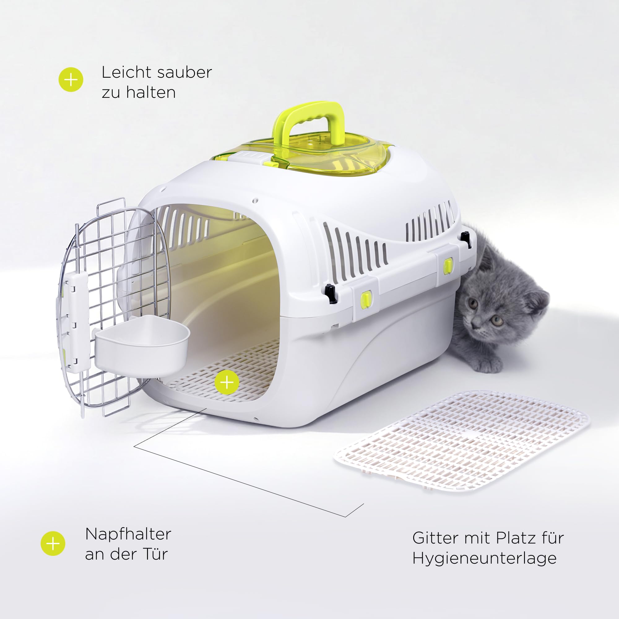 Peluvio Safy Katzentransportbox Hartschale mit Metalltür, Doppelsicherung und Belüftung, Sichtklappe Oben, Versenkbarer Tragegriff, Bodenrost Herausnehmbar für Hygieneeinlage, Napf, für Auto, bis 5 kg