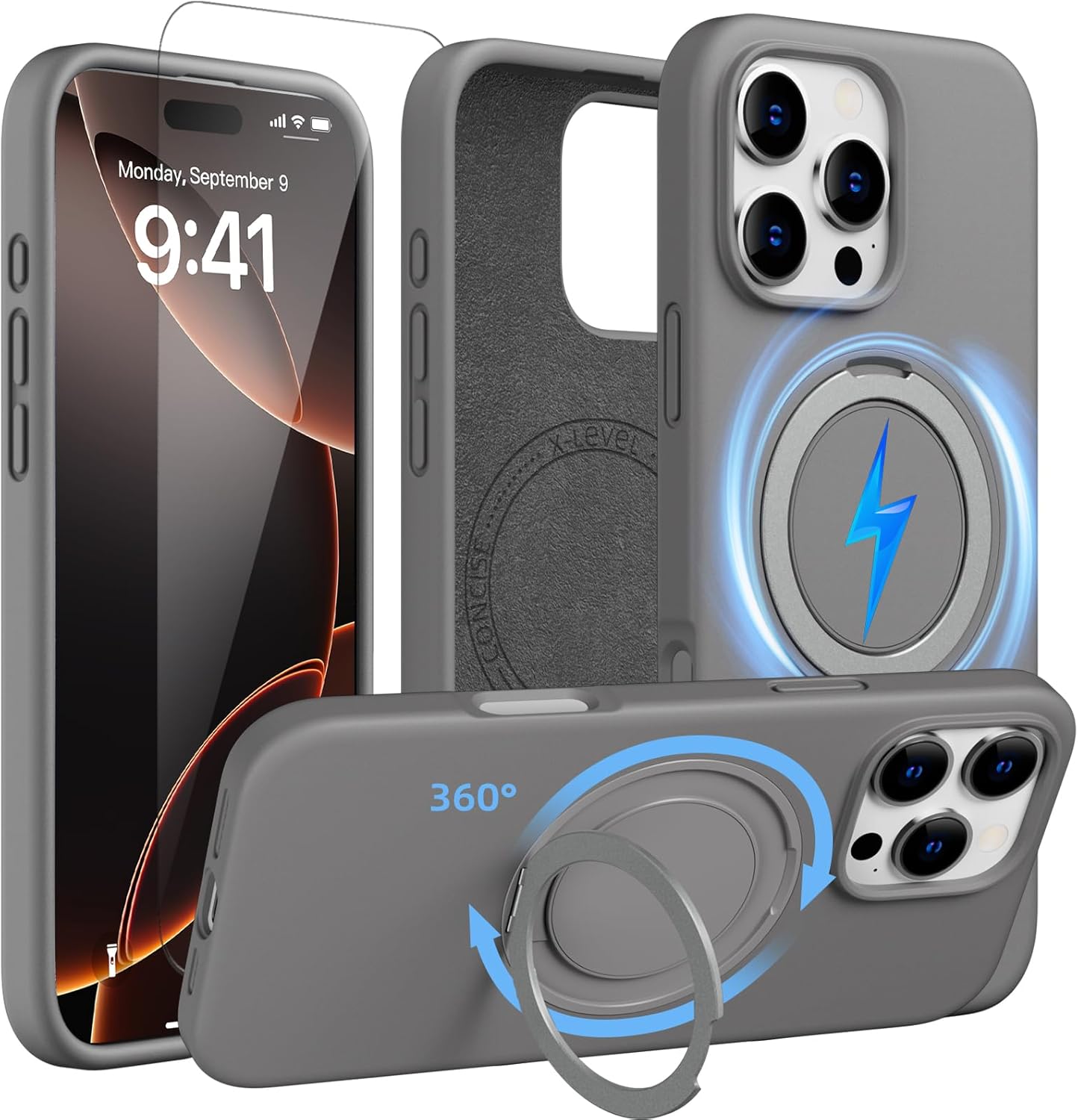 X-level Magnetic Case for iPhone 16 Pro with 360° Rotating Ring Stand, Compatible Magsafe [Screen Protectors] Silicone Slim Matte Anti-Fingerprint Shockproof Phone Case for iPhone 16 Pro, Gray