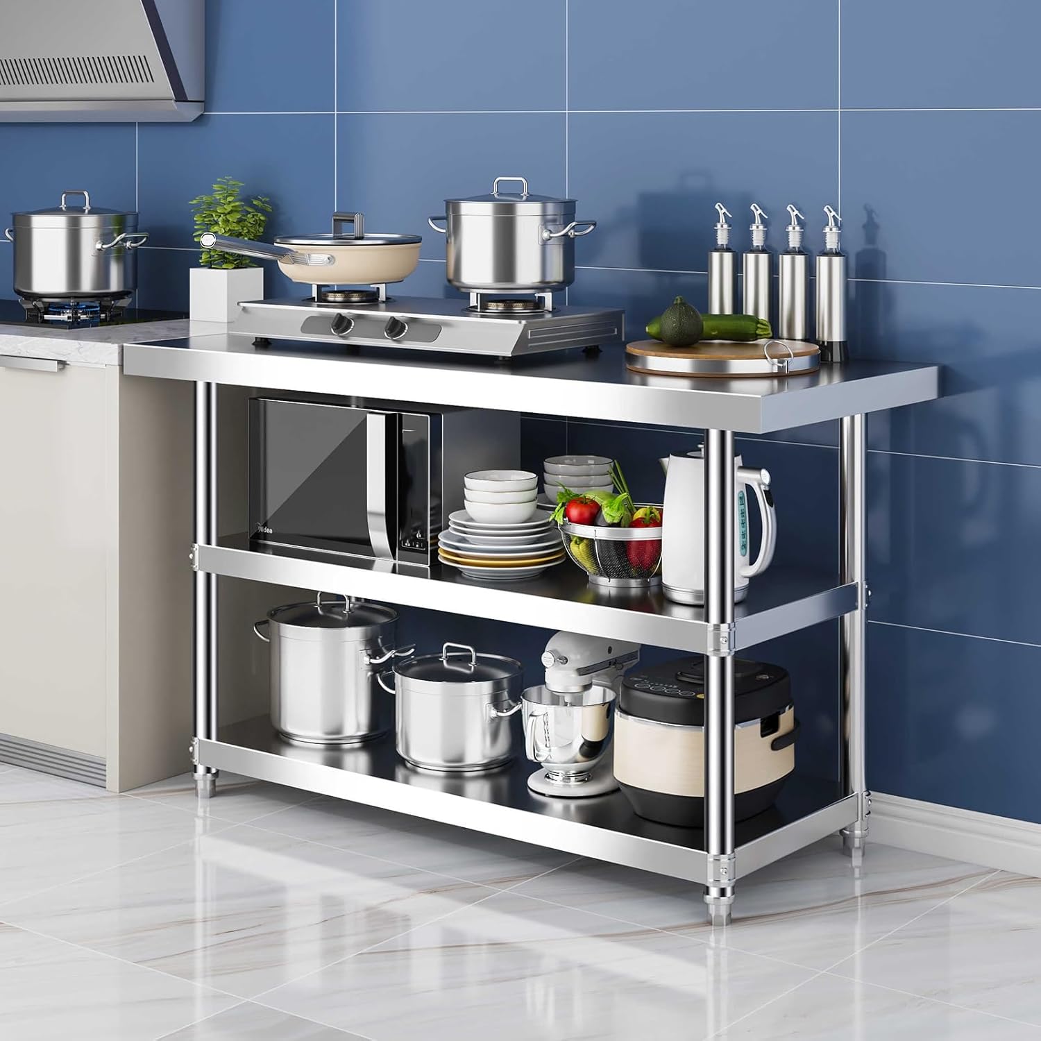 Stainless Steel Workbench 3 Tier Kitchen Industrial Storage Rack Prep Table Kitchen Garage Heavy Duty Shelf Storage Cabinet Height Adjustable Triangle Fixed Work Table(40x40x80cm/15.7x15.7x31.5")