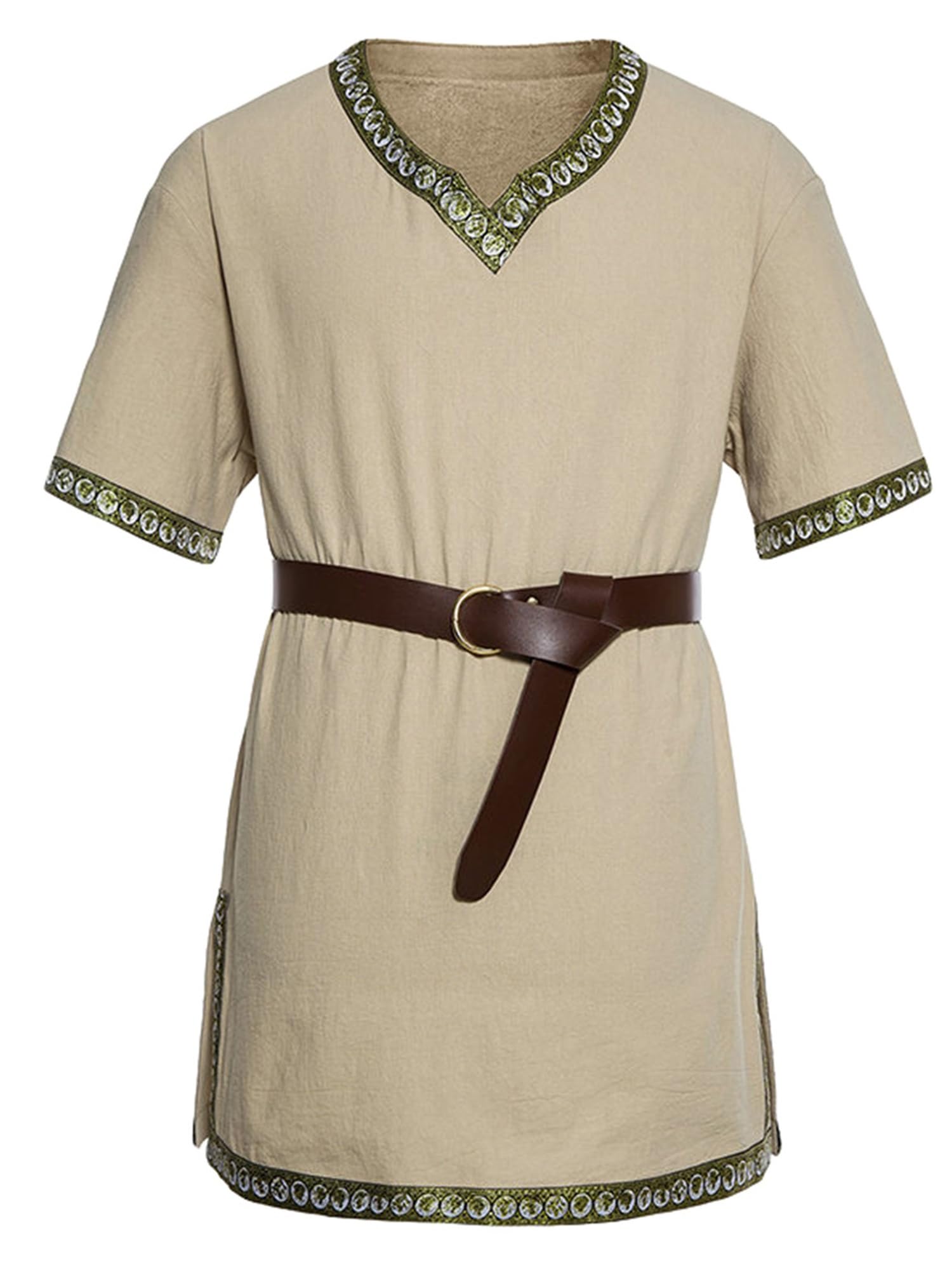 Springcmy Men Medieval Costume Renaissance Templar Tunic Viking Knight Pirate Vintage Warrior Halloween Cosplay Party Tops (Khaki, S)