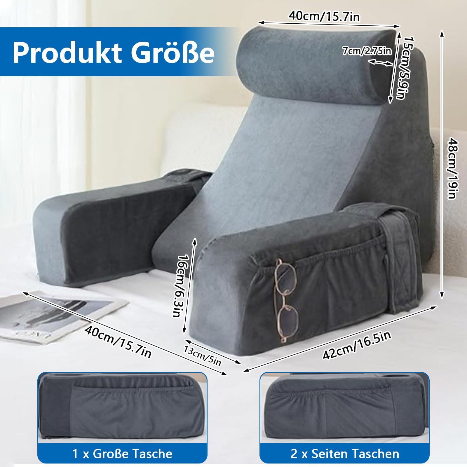 Rückenkissen, Lesekissen für Bett und Sofa mit abnehmbaren Armlehnen und Kopfkiseen, Rückenlehne für Erwachsene, Keilkissen mit Waschbarem Bezug, Rückenstützkissen zum Lesen/Spielen/Fernsehen