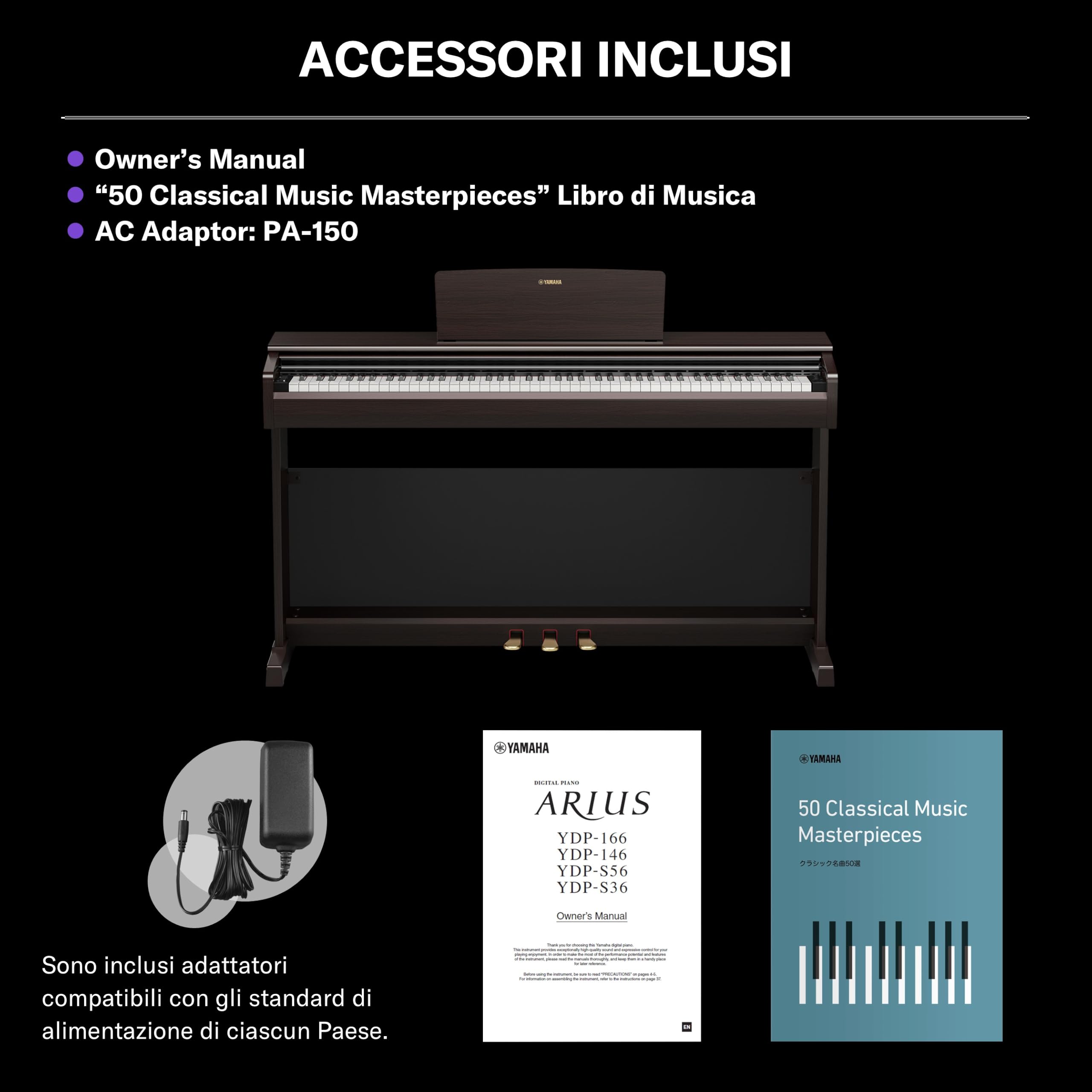 YAMAHA YDP-146 Pianoforte Digitale – 88 Tasti Pesati GHS, Suono CFX Concert Grand, Speaker Stereo 8W, Bluetooth, 3 Pedali, Ideale per Casa e Principianti – Rosewood