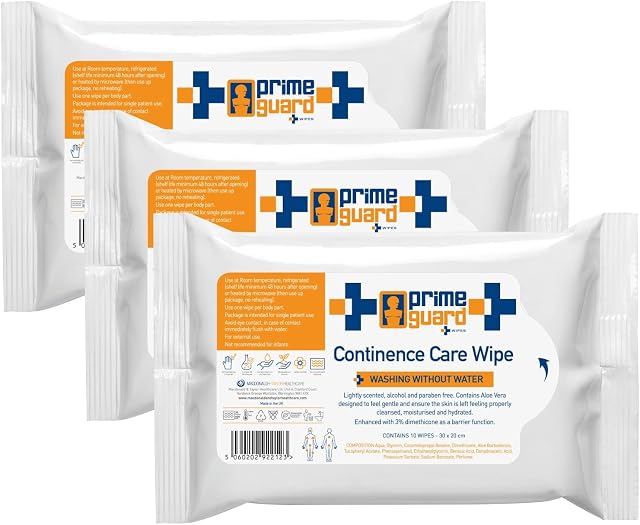 Large Wet Incontinence Body Wipes Prime Guard Continence Personal Dry Bath Wipes for Adults. Cleansing Body Cloths for Skin. Dermatologically Tested. Alcohol Free. 3 Packs of 10 Wipes