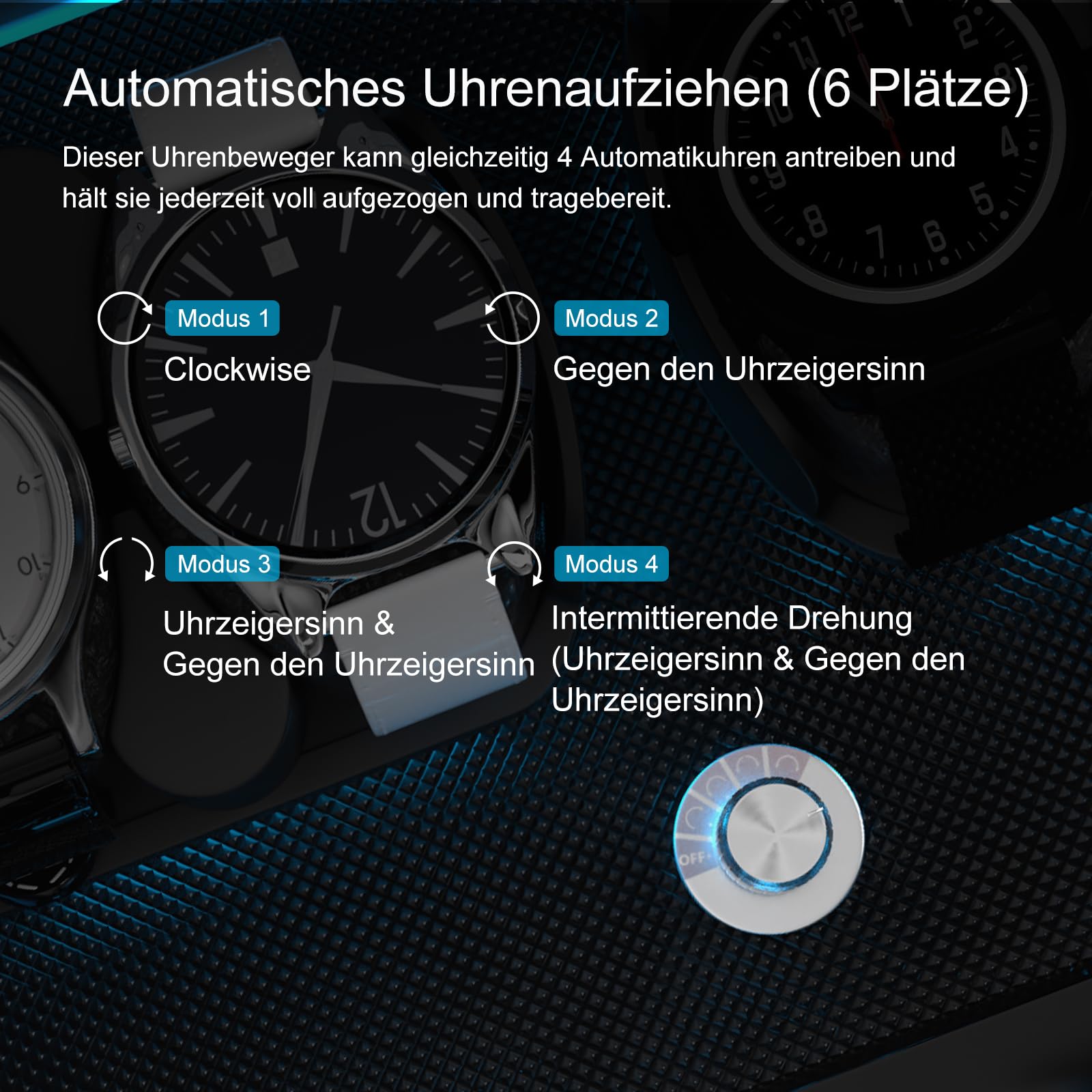 XTELARY Abschließbarer Uhrenbeweger für 4/6/8/12 Automatikuhren, Automatikbeweger mit 4 Rotationsmodi,Extra Uhrenfächern, Flexible Uhrenkissen, Leiser Mabuchi Motor und Blaue Hintergrundbeleuchtung