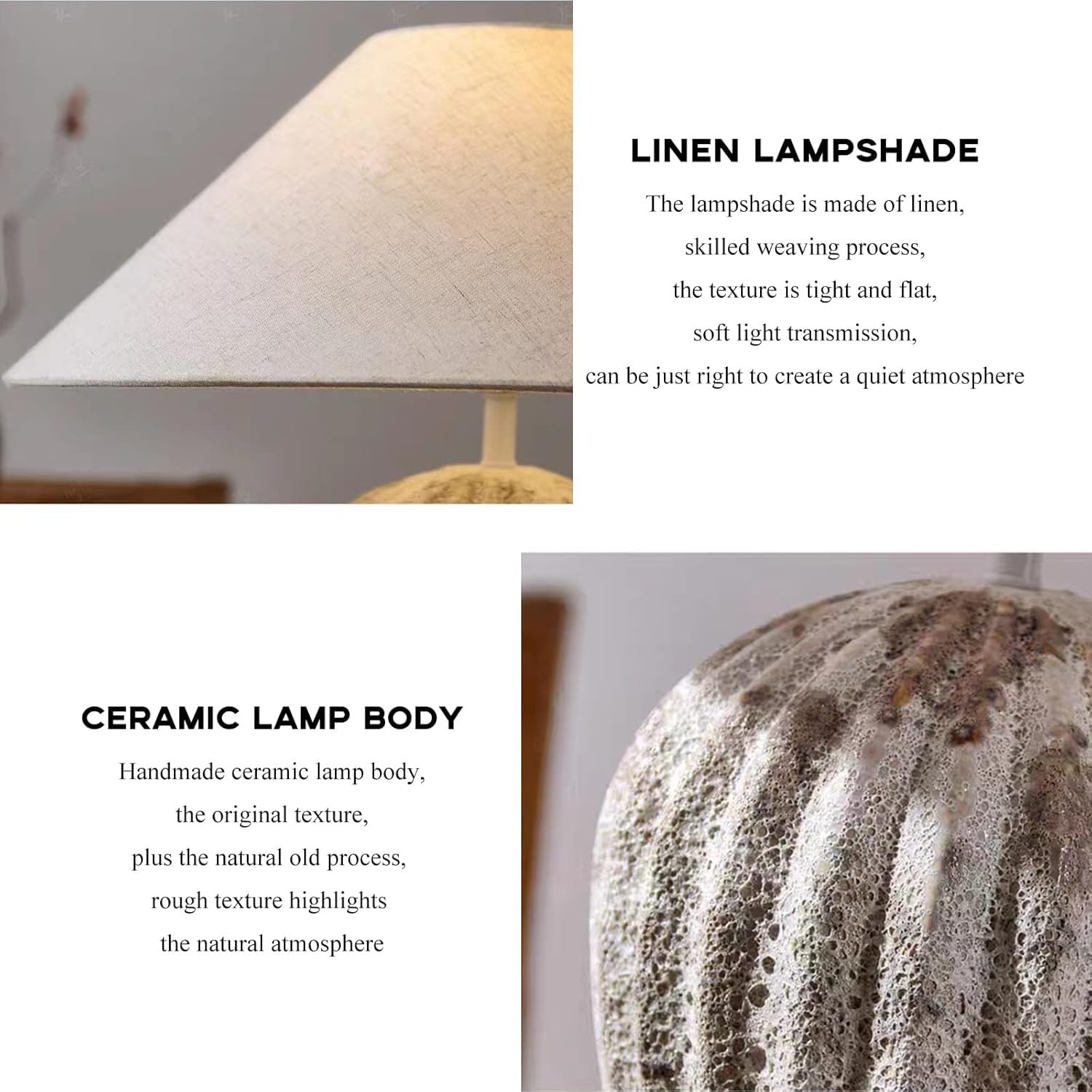 Lampada da tavolo rustica in stile sud-occidentale, realizzata a mano, in ceramica bianca, mini decorativa con paralume in lino