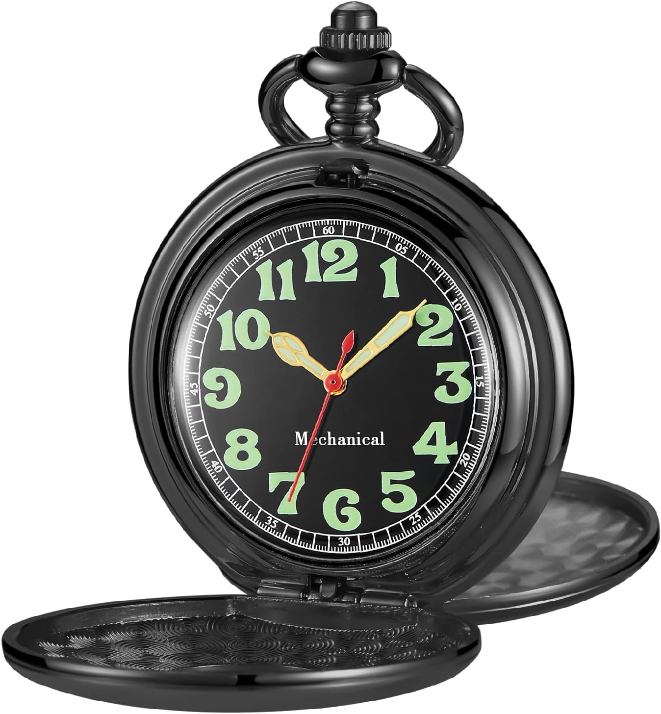 Men's Mechanical Pocket Watch Black Rudder Pattern Double Open Hollow Roman Numerals Pocket Watch