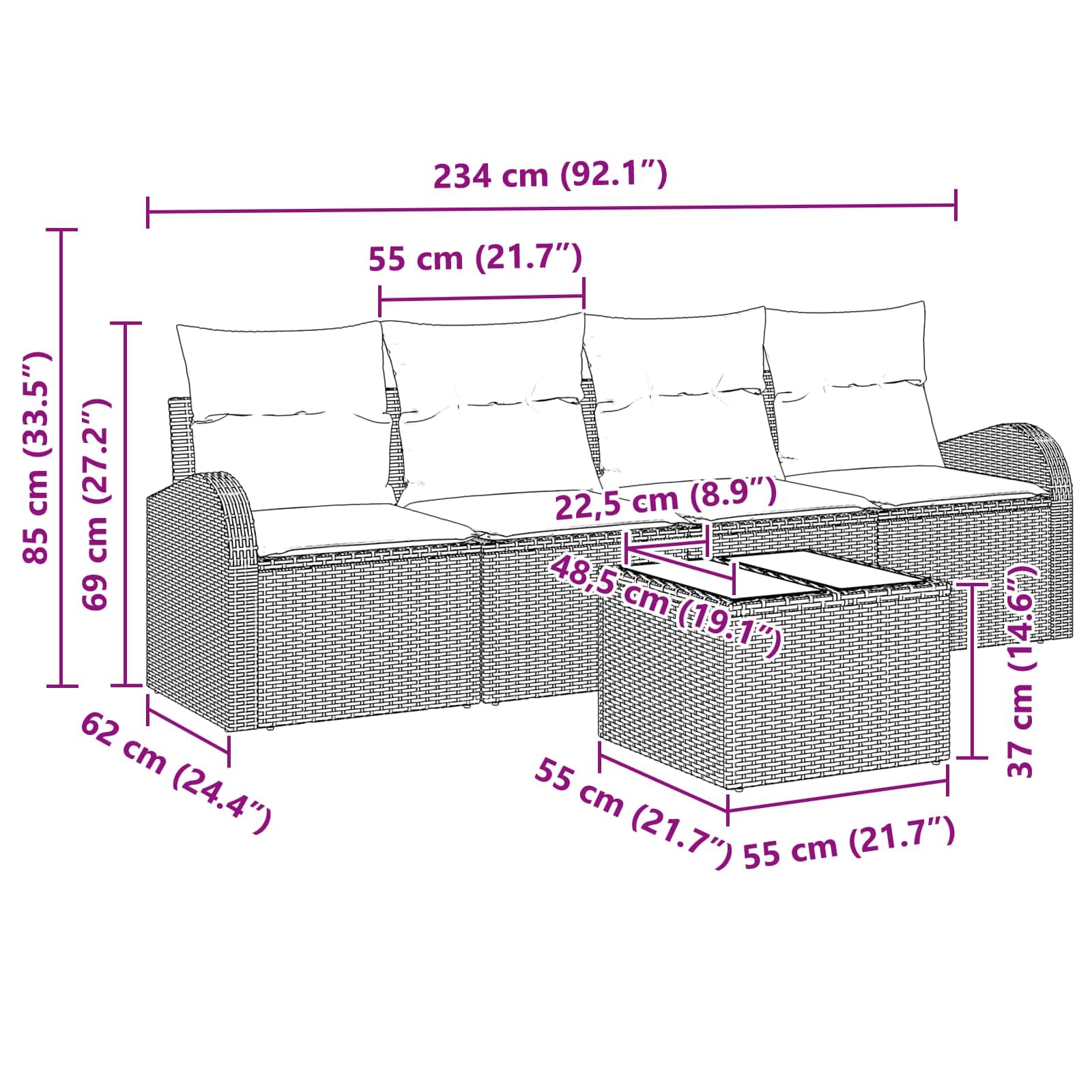 Set di 5 divani da giardino in polyrattan marrone con tavolo | Set lounge in rattan flessibile per terrazza e balcone, con morbide imbottiture e robusto tavolo in vetro.