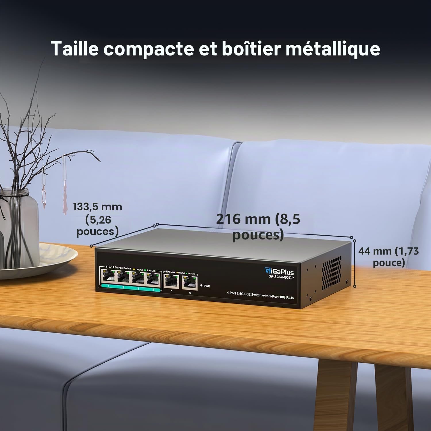 Switch Ethernet PoE Non administrable 6 Ports 10Gb avec 4 Ports PoE 2.5G Base-T et 2 Ports RJ45 10G. Capacité de Commutation de 60Gbit/s. Switch réseau GiGaPlus 10Gbit/s pour NAS/PC 2.5G/10Gbit/s