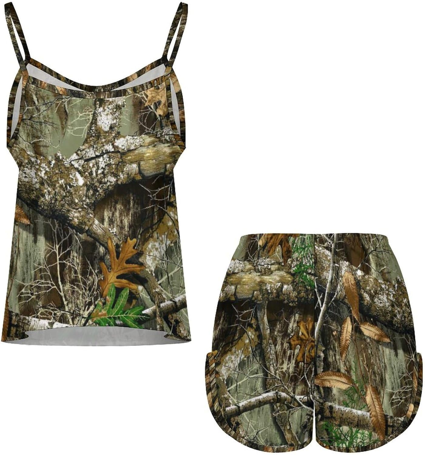 Autumn Hunting Tree Camo Pattern Women's Satin Silk Pajamas 2pcs Set Top And Shorts Sleepwear - Image 3