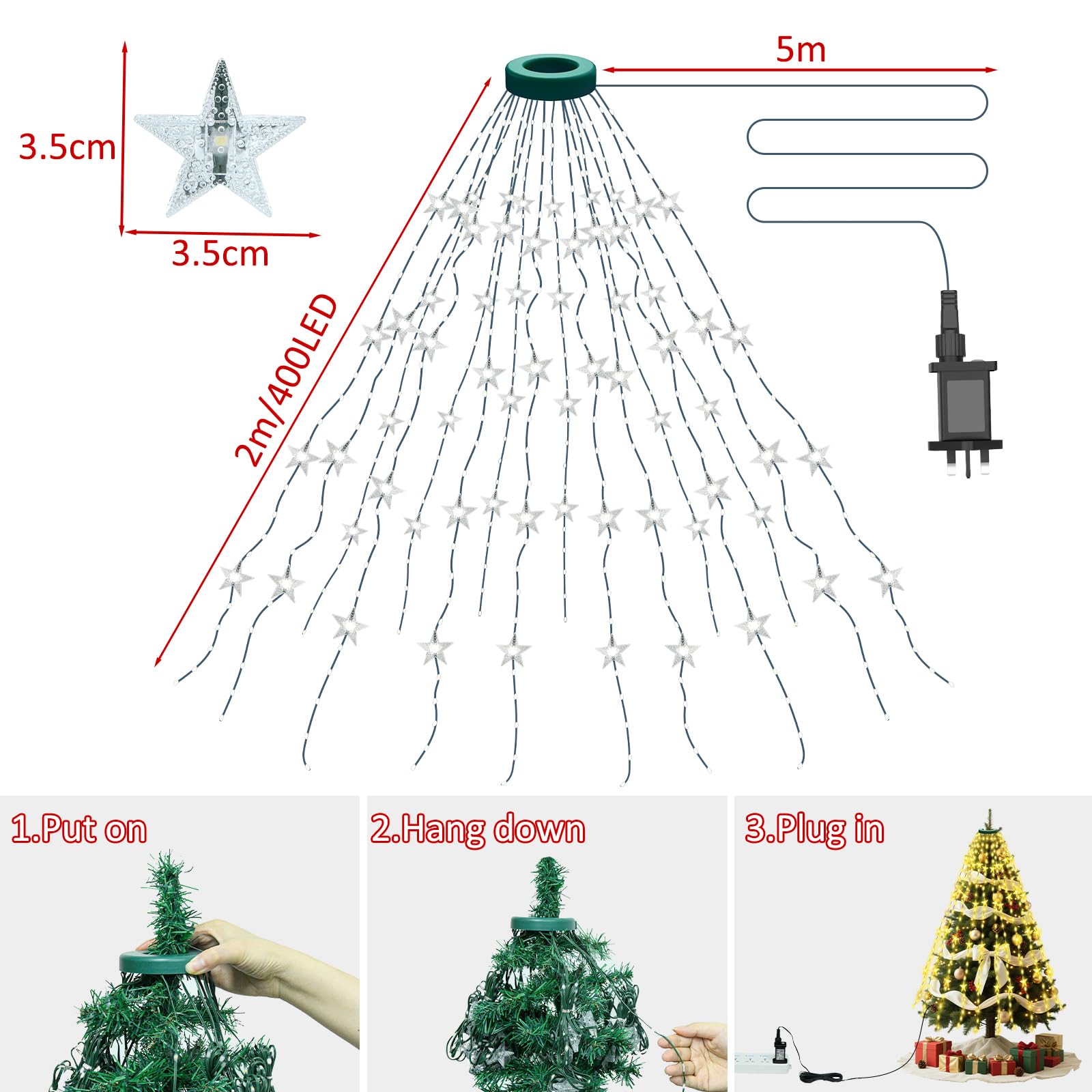 Etopgo Christmas Tree Lights,2M400LED Christmas String Lights with Star for Tree with Memory Function & 8 Modes,6.6FT x 16 Lines Fairy Lights with Timer for Xmas Tree Decorations - Image 2