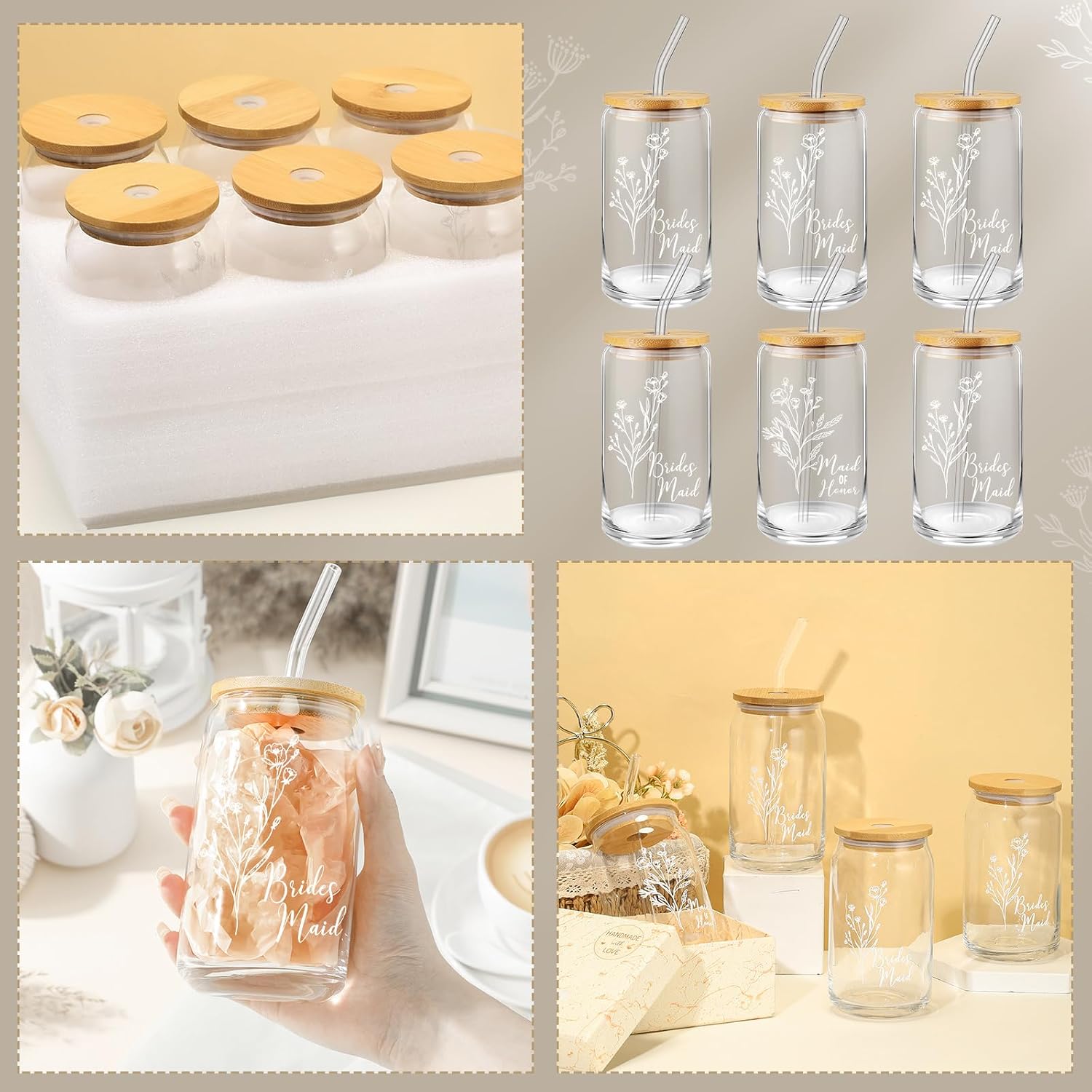 Layhit 6 Pcs Bridesmaid Gifts Bridesmaid Proposal Gifts 16 Oz Cute Can Shaped Drinking Glasses with Bamboo Lids and Glass Straw Iced Coffee Cup Mason Jar Cups for Engagement Wedding Bridal