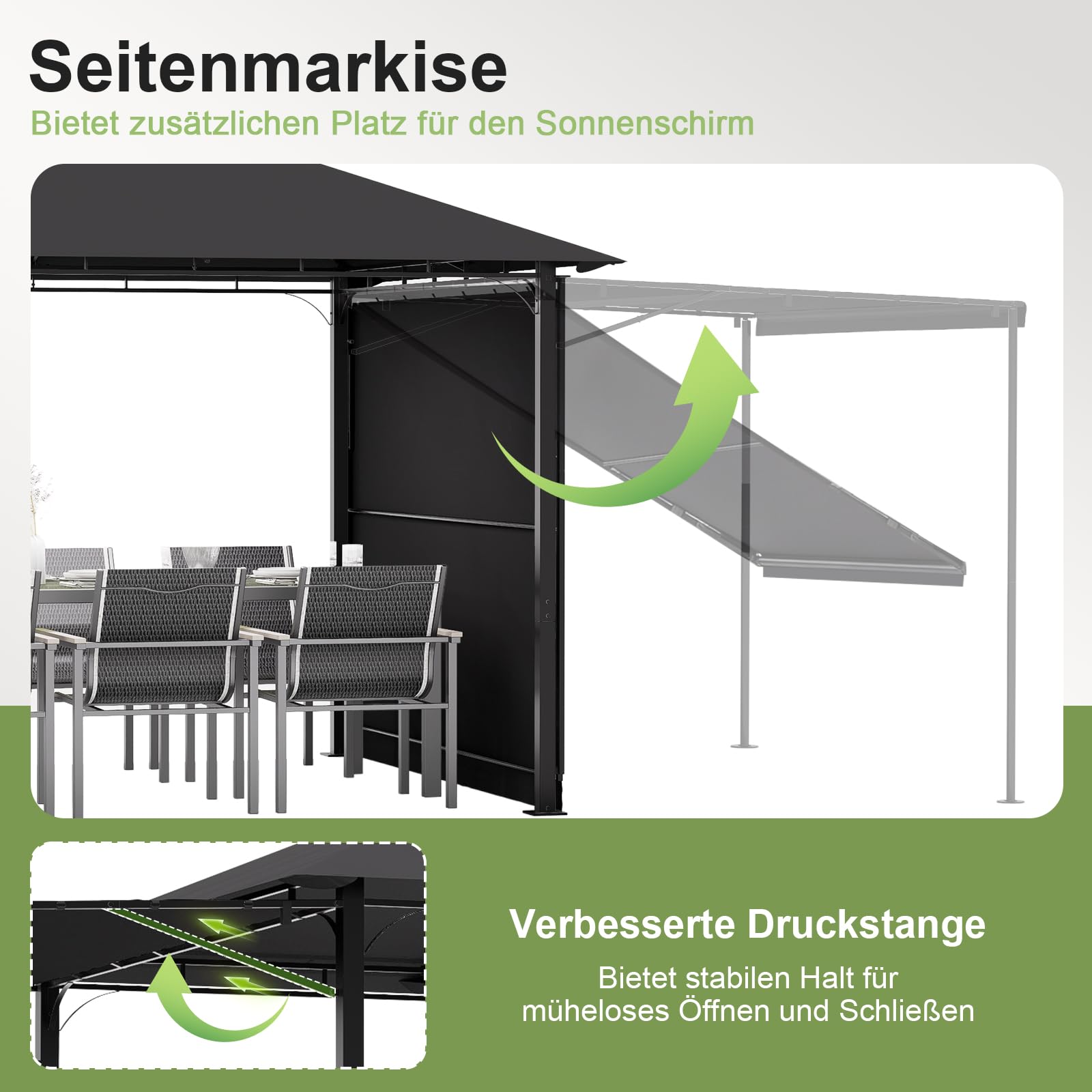 JUMMICO Pavillon 3 x 3 m Grillpavillon, mit 1.8m Verstellbarer Markise, Erweiterbar auf 3 x 4,8 m, für 6-10 Personen zum Entspannen, Grillen und Feiern, mit vierseitigem Stoffbesatz, Dunkelgrau