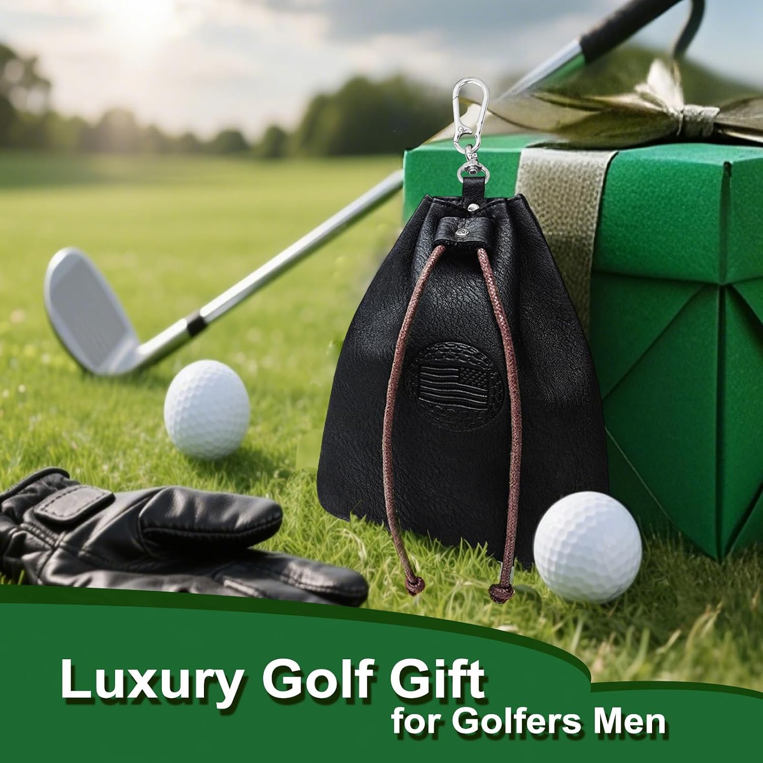 Real Leather Golf Valuables Pouch: USA Golf Tee Ball Bag with Drawstrings Valuables Pouch for Men - Cool Funny Gifts for Him Golfers Men