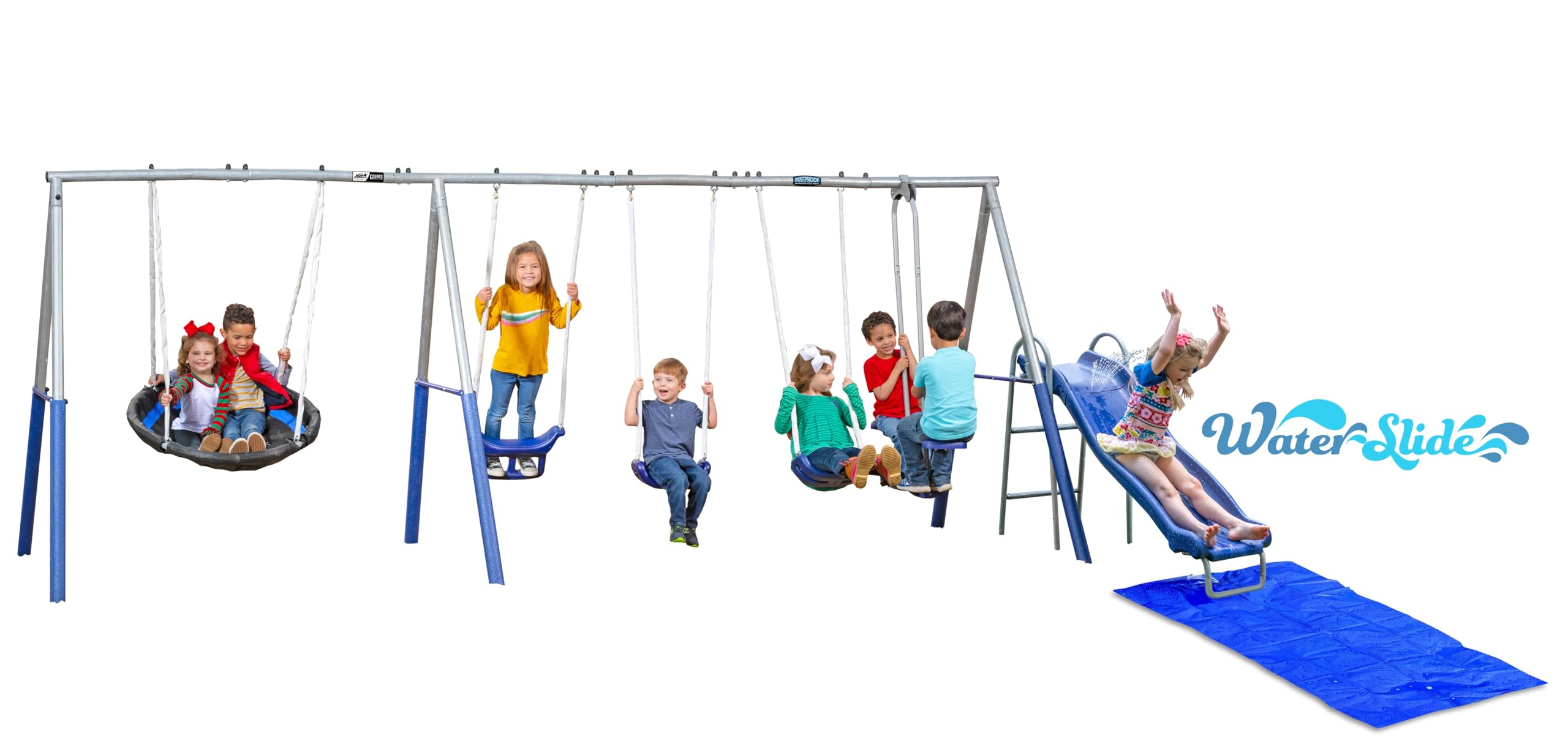 Fun Forever Plus with 6' Water Slide & Ground Tarp - 8 User / 6 Station Metal Backyard Play Swing Set. 192