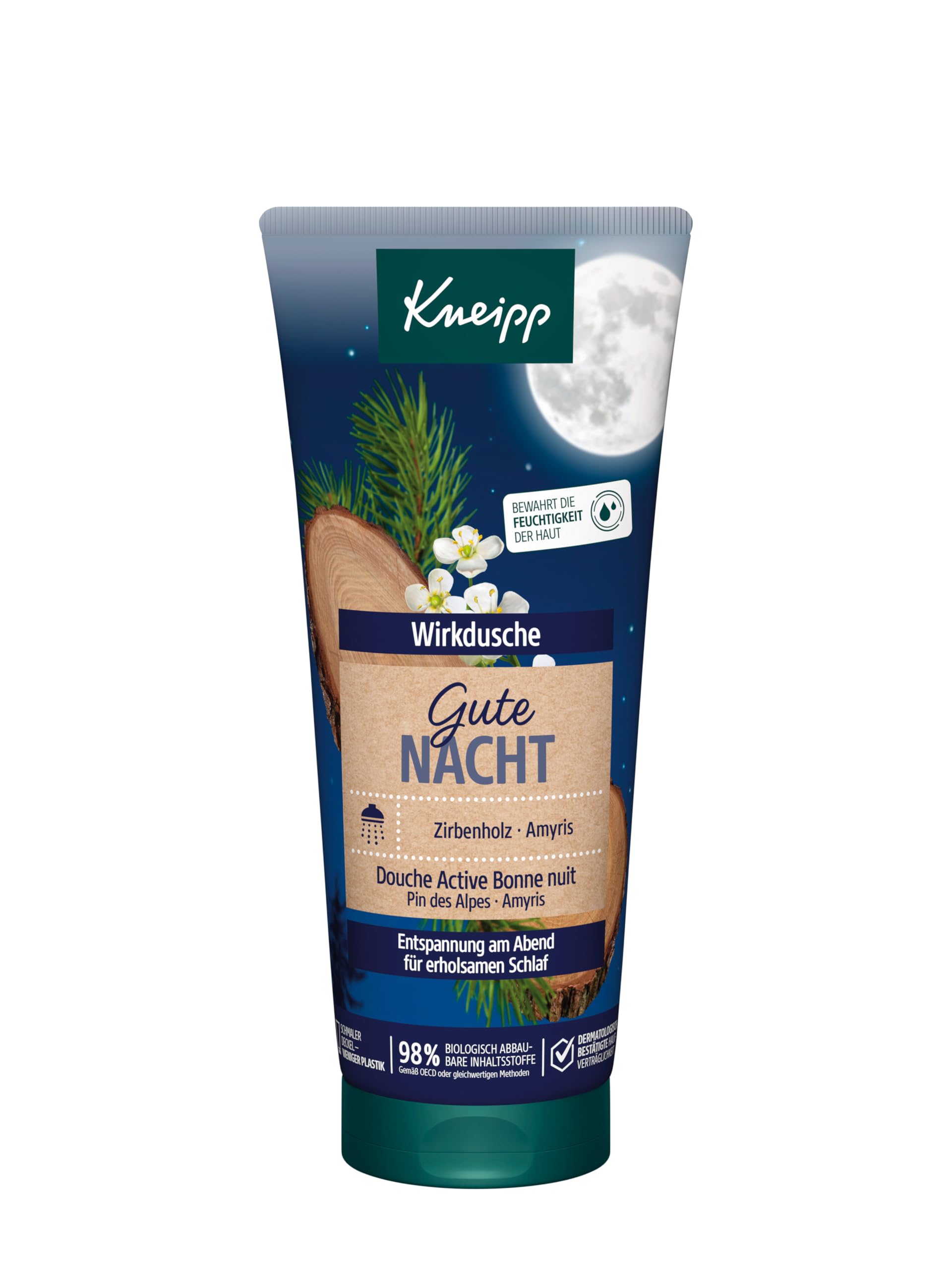 Kneipp Wirkdusche Gute Nacht - Duschgel mit ätherischen Ölen aus Zirbenholz & Amyris - wahrt das hauteigene Mikrobiom - 200ml