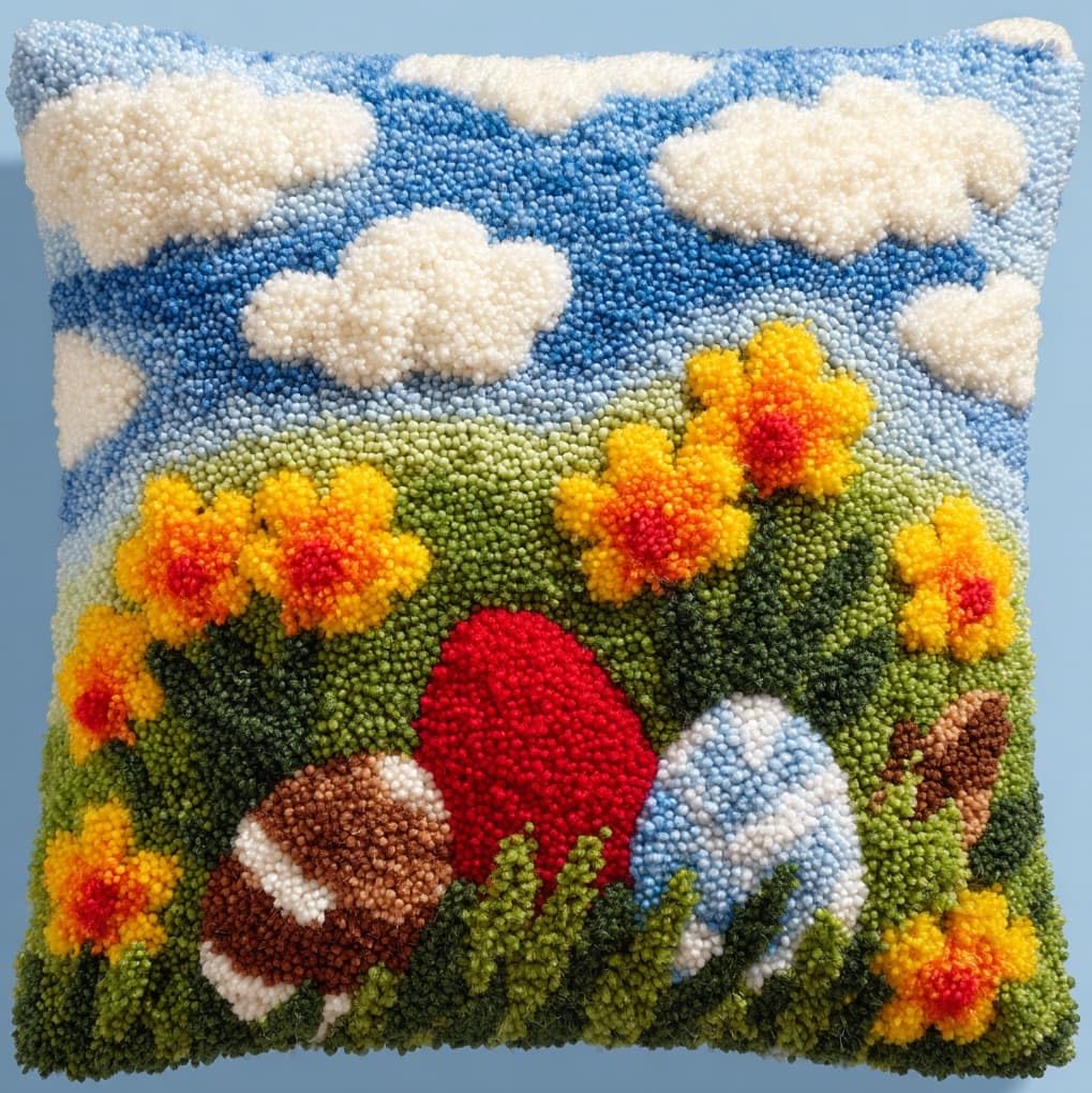 WallustrioaW Latch Hook Kits Pillowcase Embroidery Kit,Easter Eggs in the Flower Bushes
